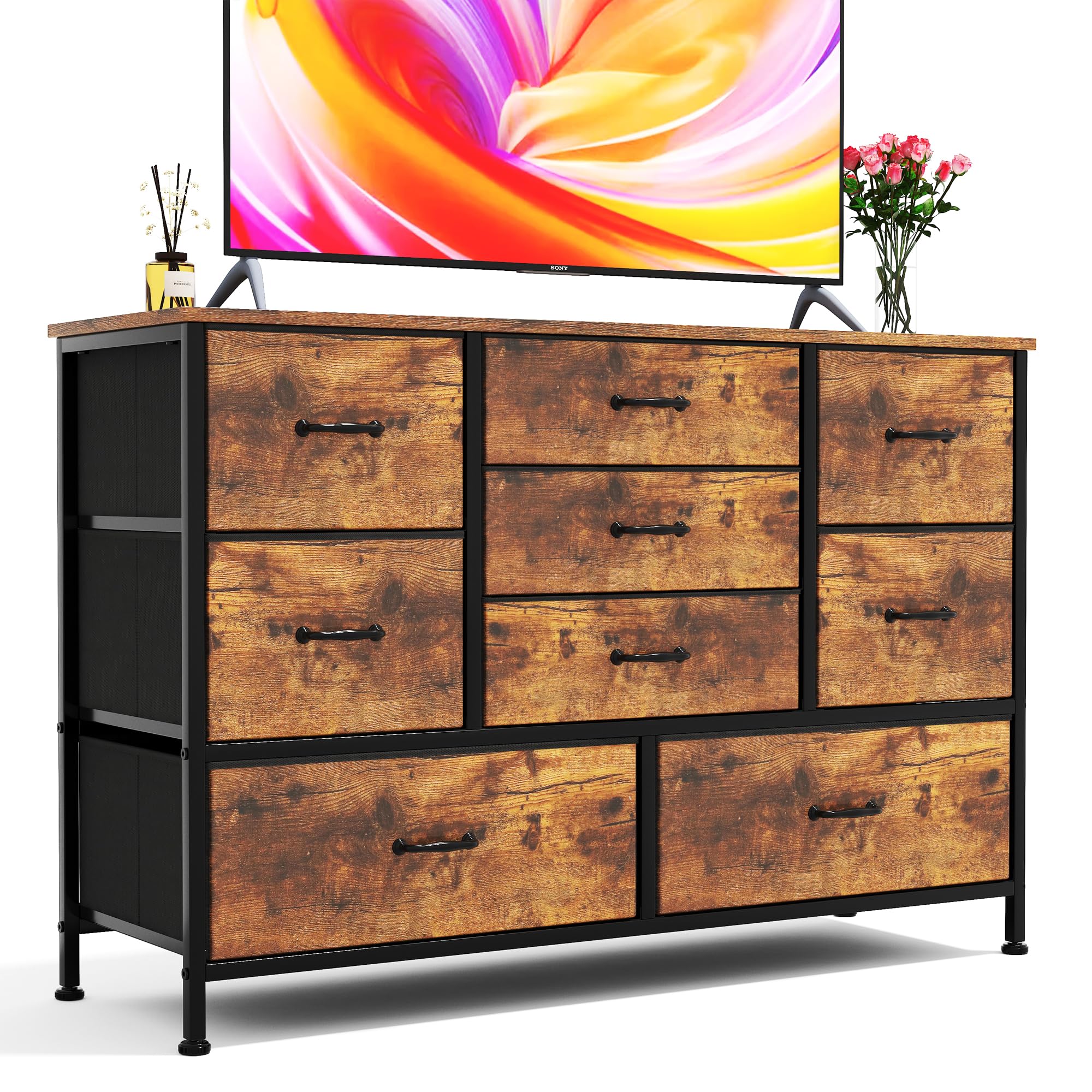 CAIYUN Chest of Drawers, Dresser for Bedroom with 9 Drawers, Wood Top Tall TV Stand Large Storage Organizer Unit Shelf Living Room, Hallway, Entryway,