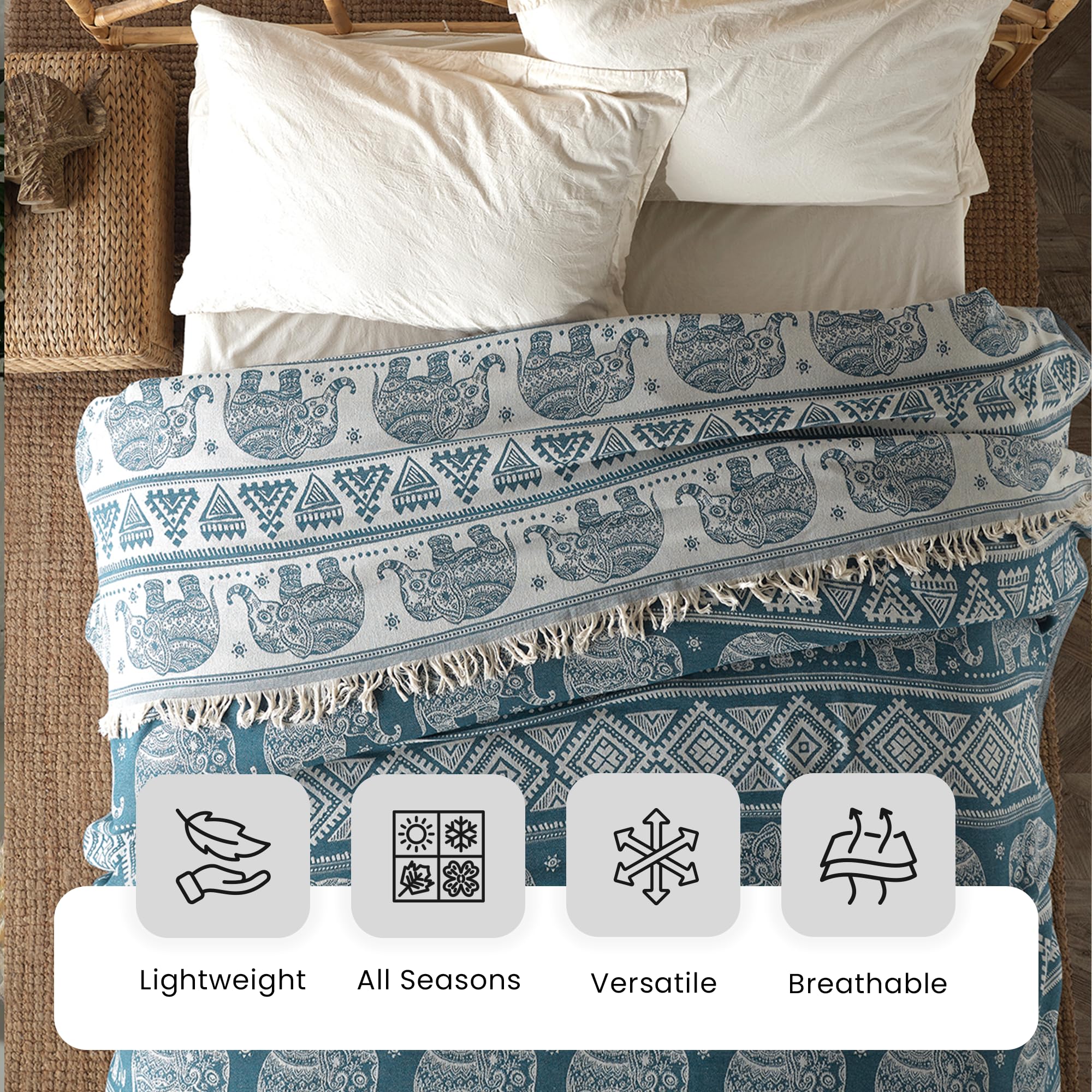 Milam London Boho Throw Blanket | Bohemian Throws For King Size Beds | Reversible Bohemian Bedding | Sofa Throw Large 3 Seater | King Size Bedspread