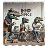 ABAKUHAUS Funny Shower Curtain, Hipster Dinosaurs Coffee Shop, Cloth Fabric Bathroom Decor Set with Hooks, 175 x 200 cm, Sepia Teal Pale Rust