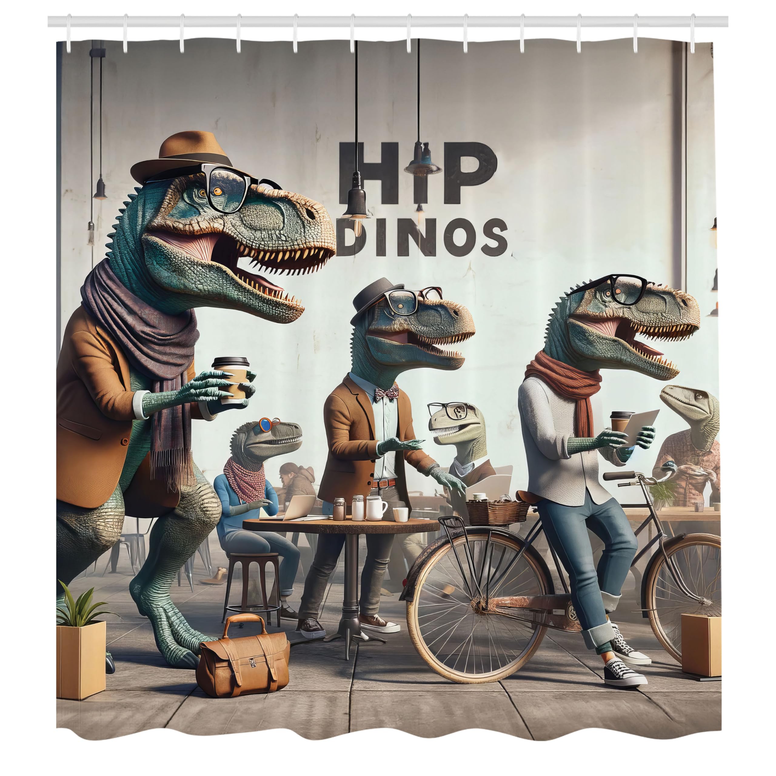 ABAKUHAUS Funny Shower Curtain, Hipster Dinosaurs Coffee Shop, Cloth Fabric Bathroom Decor Set with Hooks, 175 x 200 cm, Sepia Teal Pale Rust