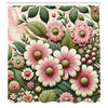 ABAKUHAUS Floral Shower Curtain, Garden of Flowers in 70s, Cloth Fabric Bathroom Decor Set with Hooks, 175 x 200 cm, Pink Reseda Green Ivory