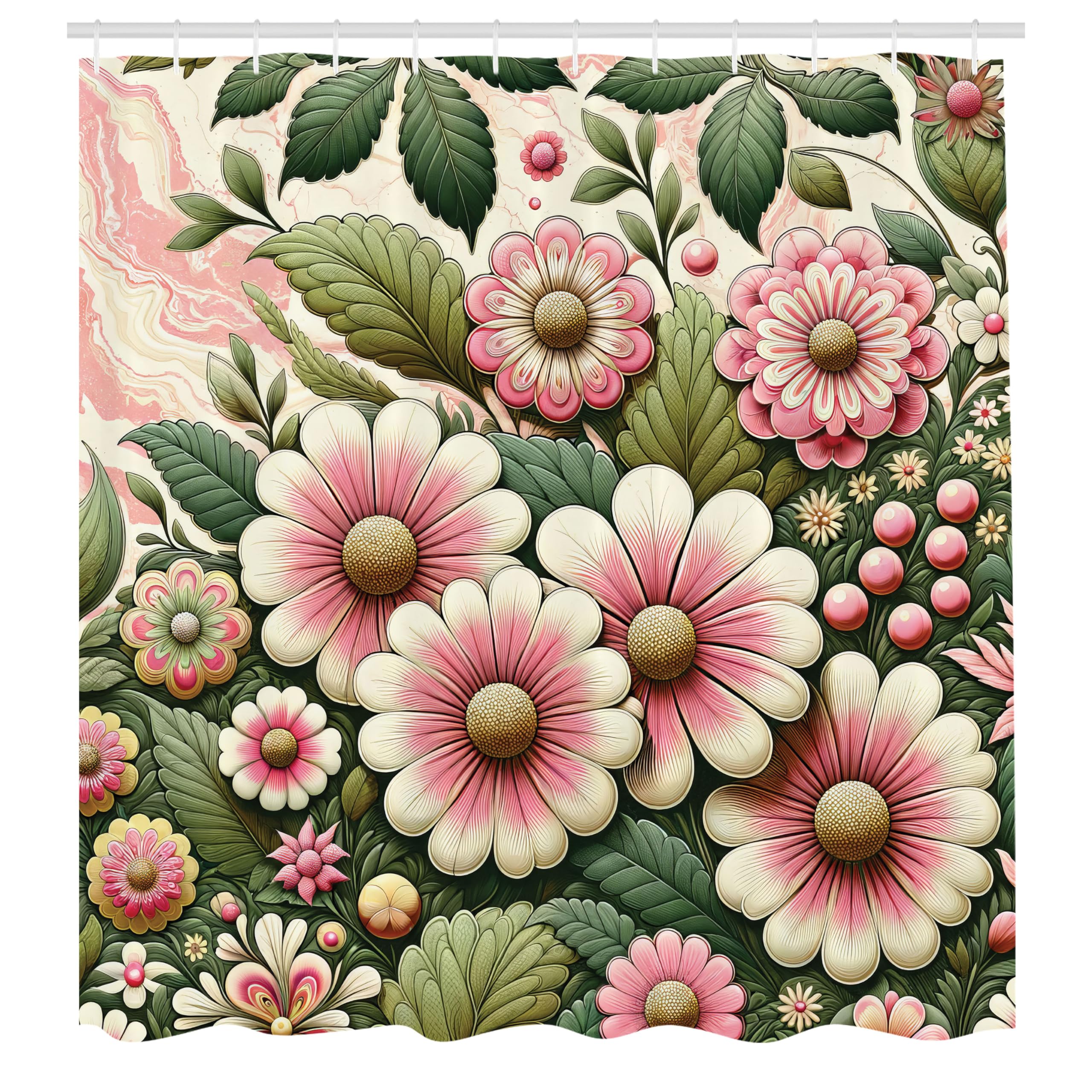 ABAKUHAUS Floral Shower Curtain, Garden of Flowers in 70s, Cloth Fabric Bathroom Decor Set with Hooks, 175 x 200 cm, Pink Reseda Green Ivory