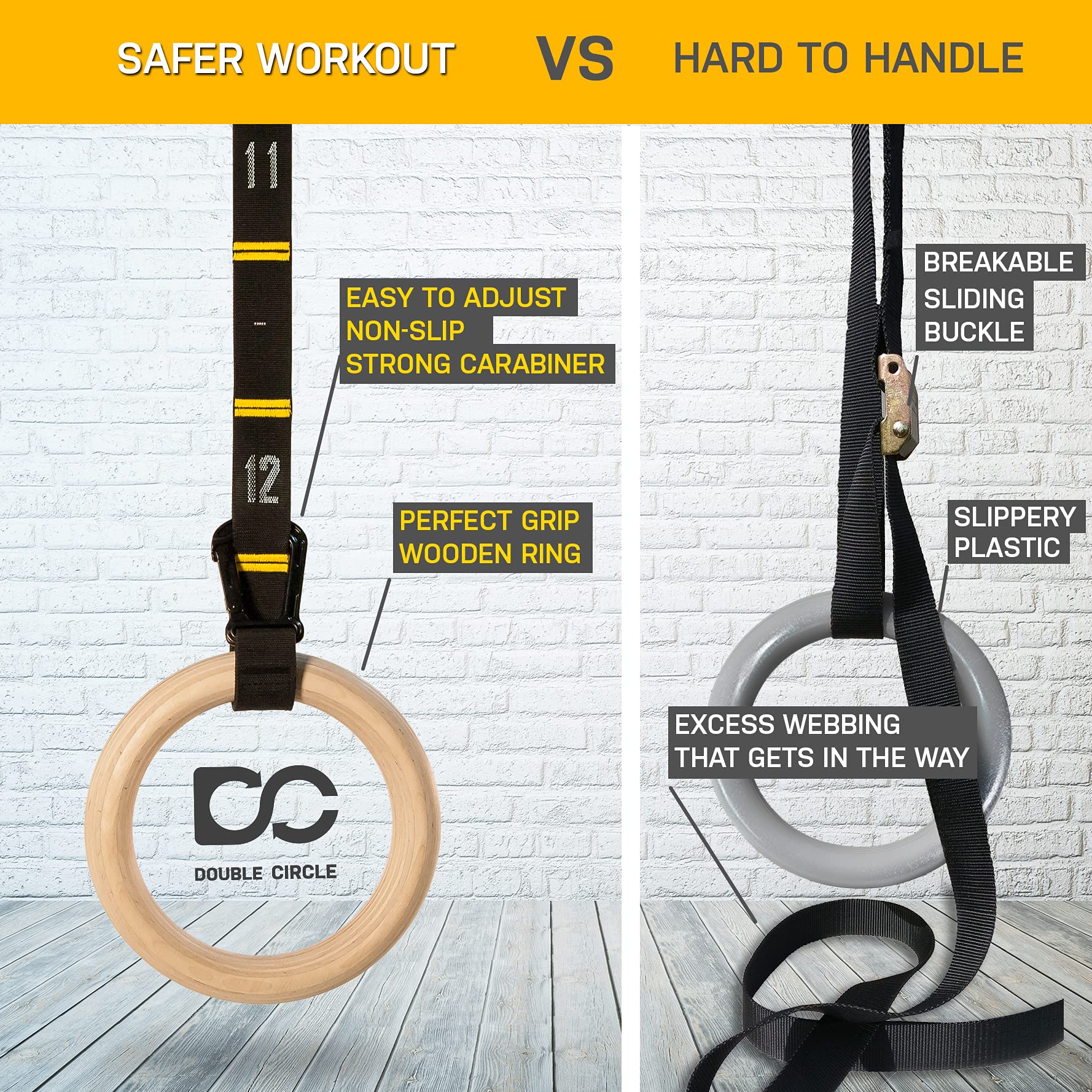 Double Circle Wood Gymnastic Rings with Quick Adjust Numbered Straps and Exercise Videos Guide for Full Body Workout, Calisthenics, and Home Gym