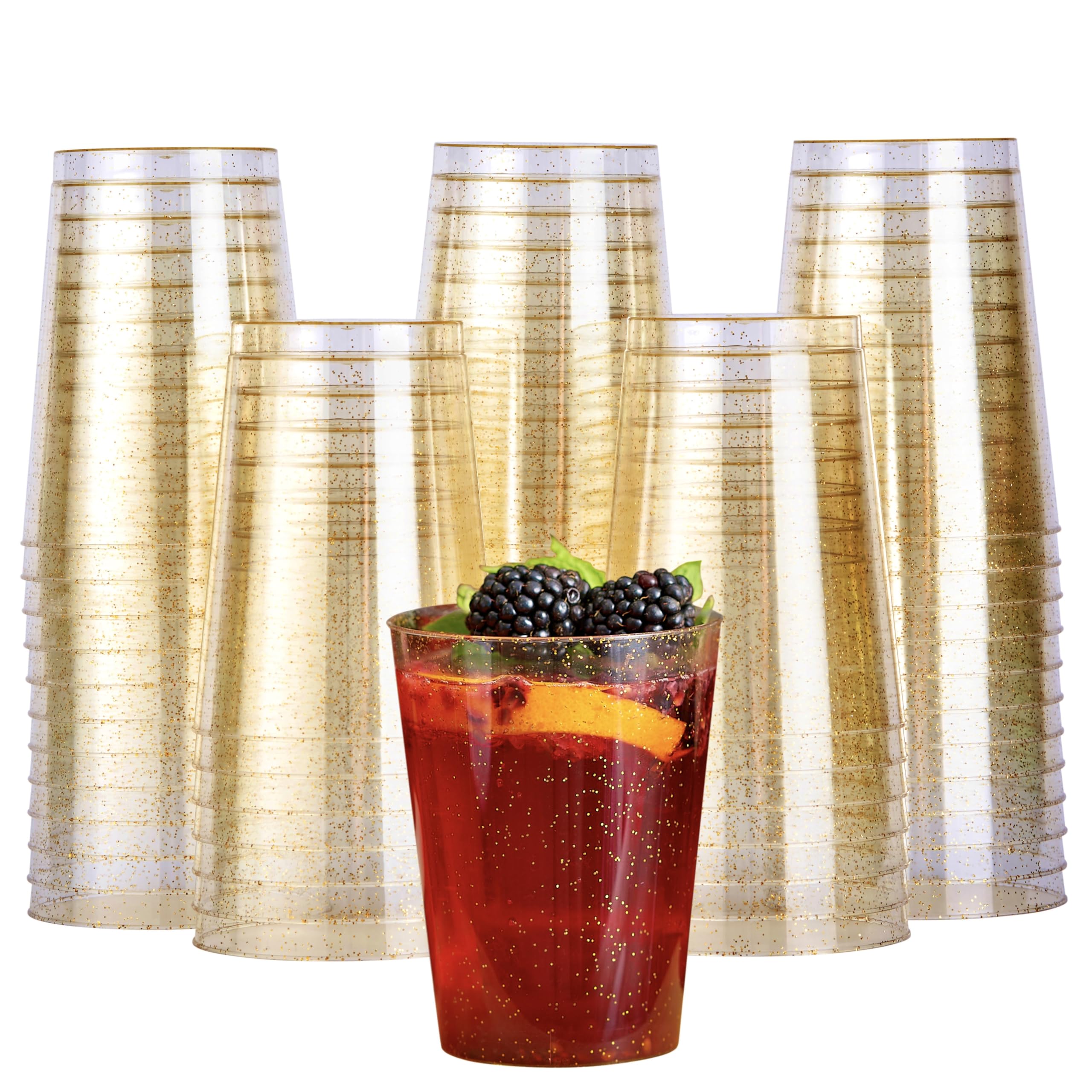 MATANA 50 Premium Clear Hard Plastic Cups with Gold Glitter, Gold Party Cups (280ml / 10oz) - Reusable Glasses, Tumblers for Drinks, Cocktail,