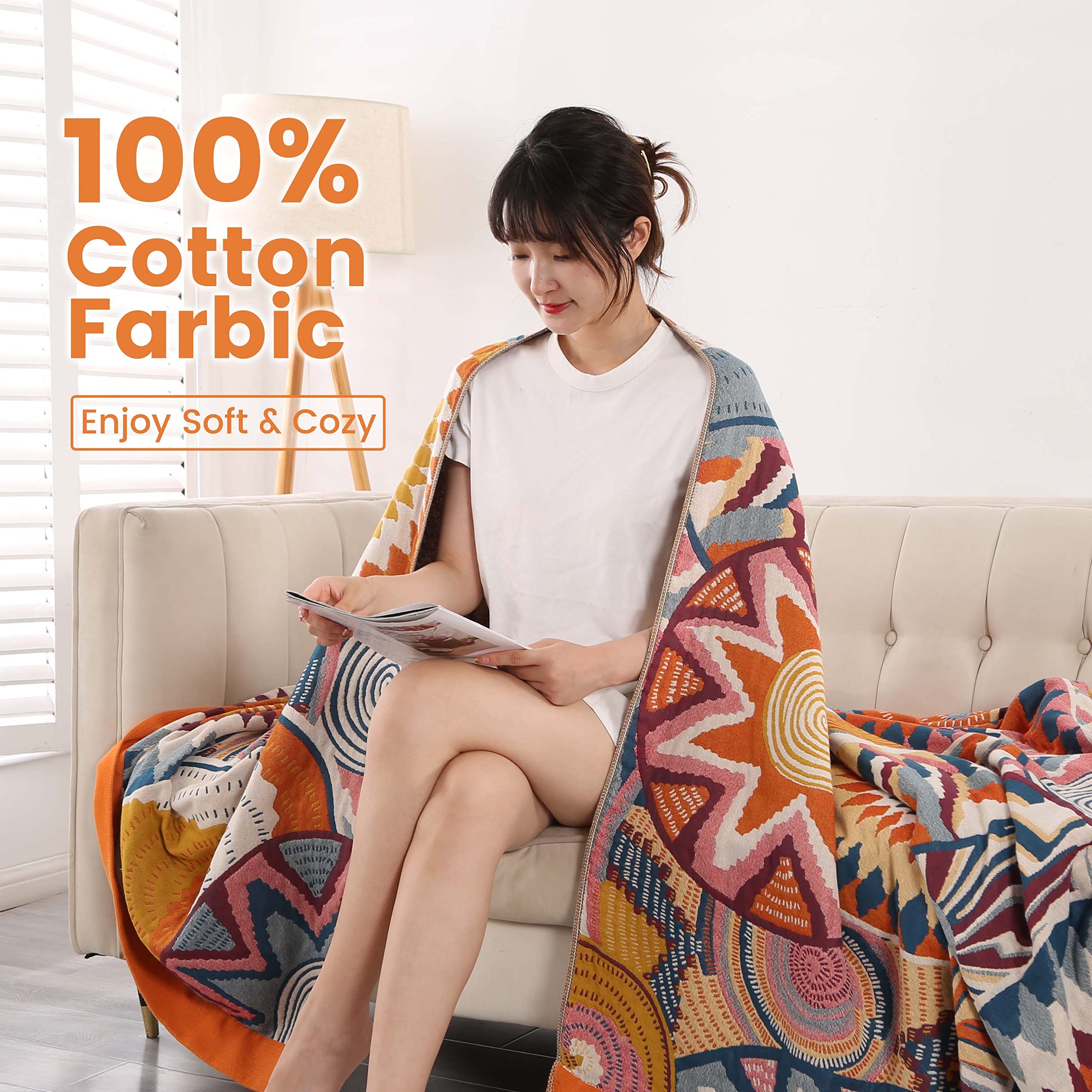 DECMAY Throws for Sofas Large, Boho Throw Blankets for 2 3 4 Seater Sofas and Double Bed Armchair Couch, Cotton Weighted Soft Furniture Throws(Ethnic