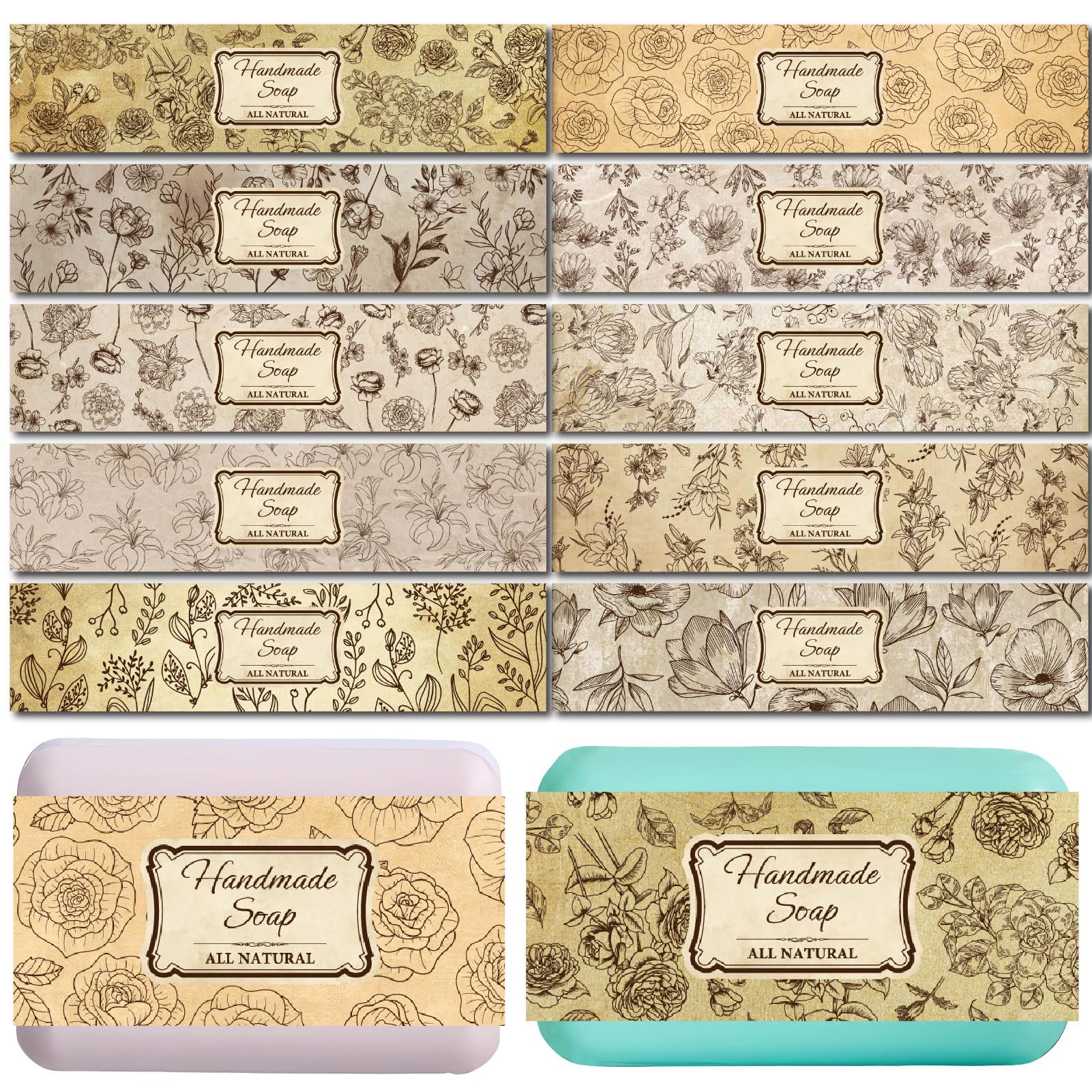 CREATCABIN 100 Pcs Soap Wrapper 10 Styles Vintage Flower Art Soap Paper Wrap Tape Vertical Soap Tag Sleeves Covers Band Label Packaging Supplies for