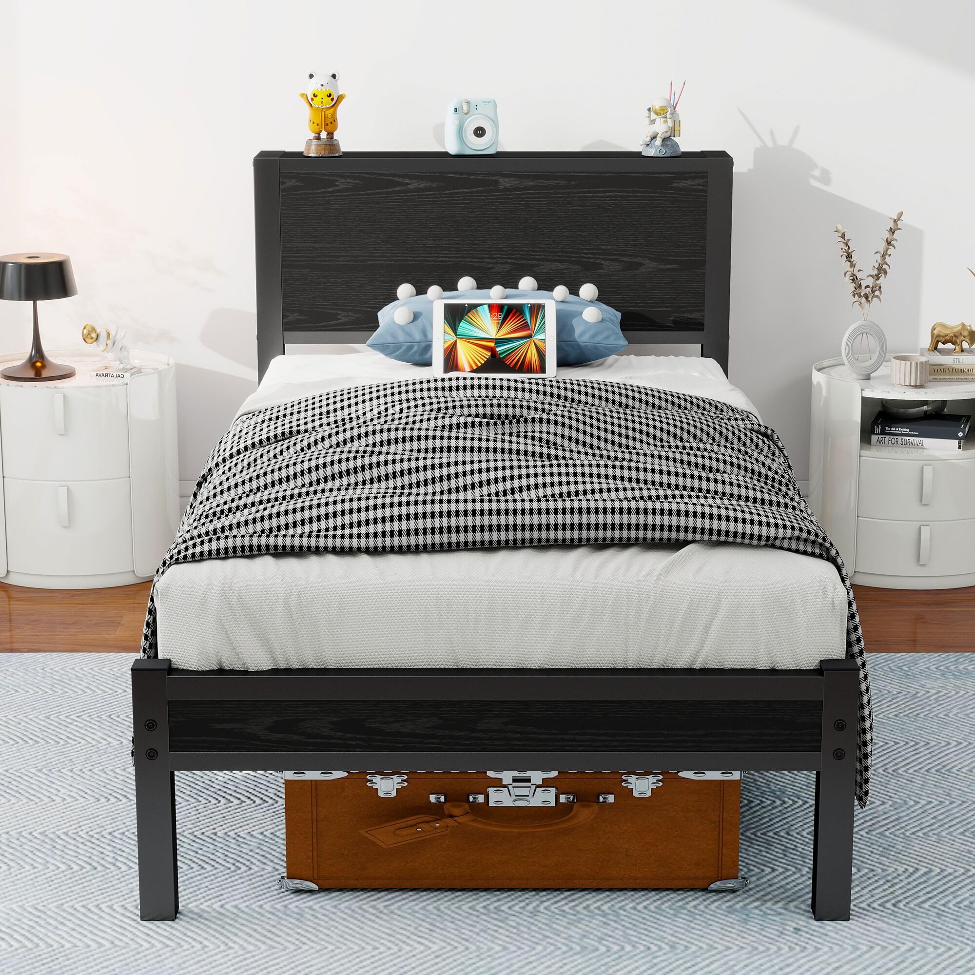 Diahomy Single Bed Frame with Wood Storage Headboard, Metal Platform Bed Single/Mattress Base/Underbed Storage/No Box Spring Needed/Black