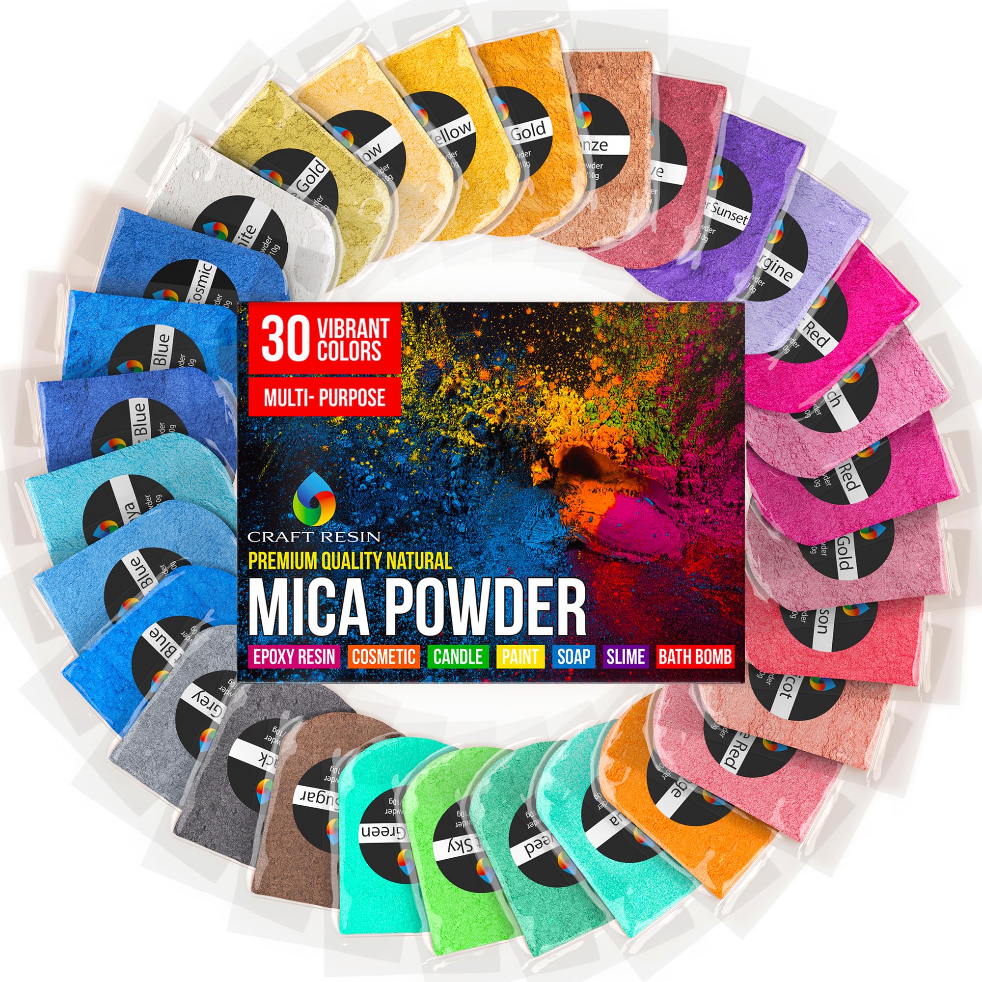 Craft Resin Mica Powder for Epoxy Resin - 30 Colorant Pigment Powder Resin Dye for Jewelry Making Epoxy Resin, Pearlescent Pigments, Casting Resin &