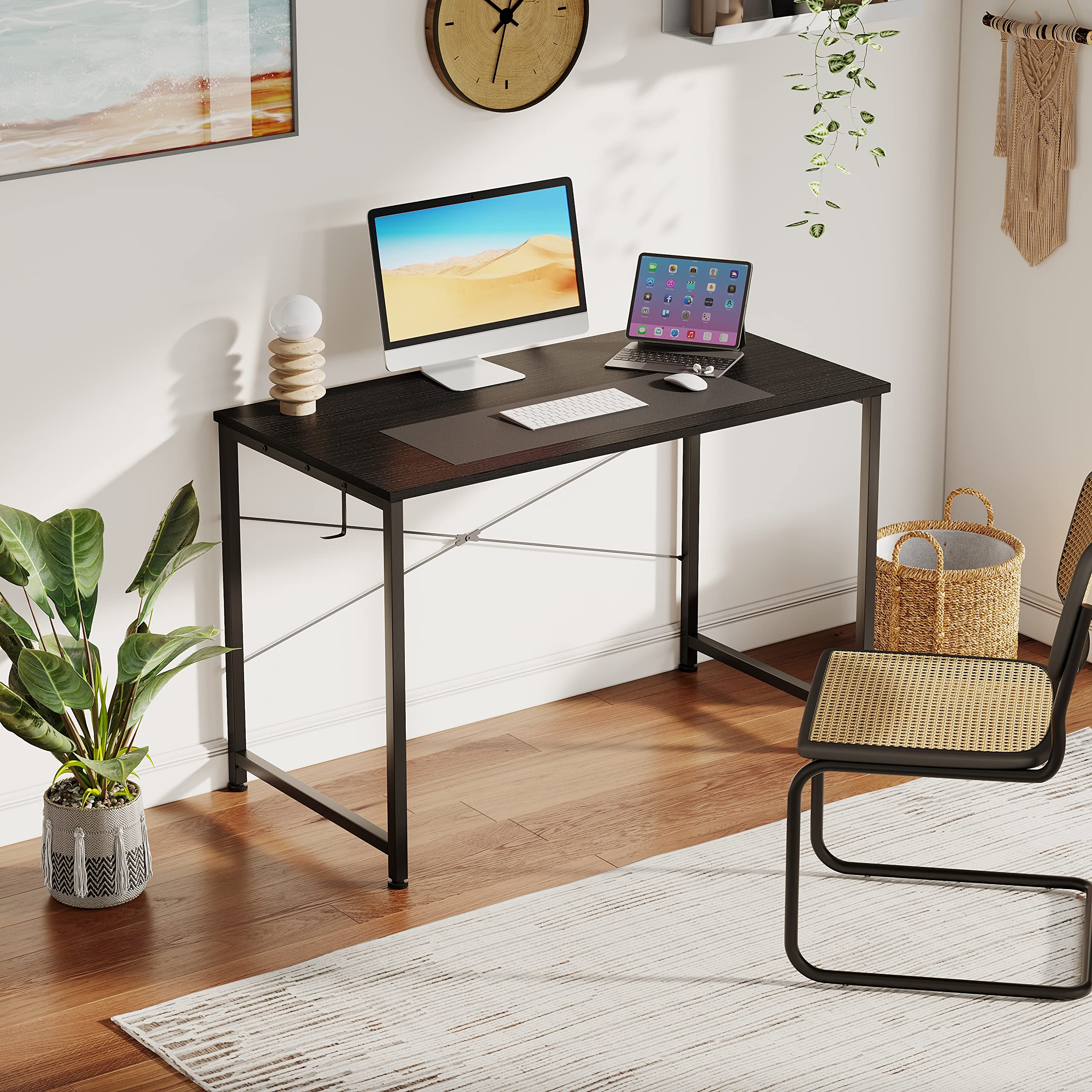 Flrrtenv 80cm Computer Desk, Gaming Desk with Sturdy Metal Frame and X-Shaped Design, Small Office Desk for Home, Modern Black