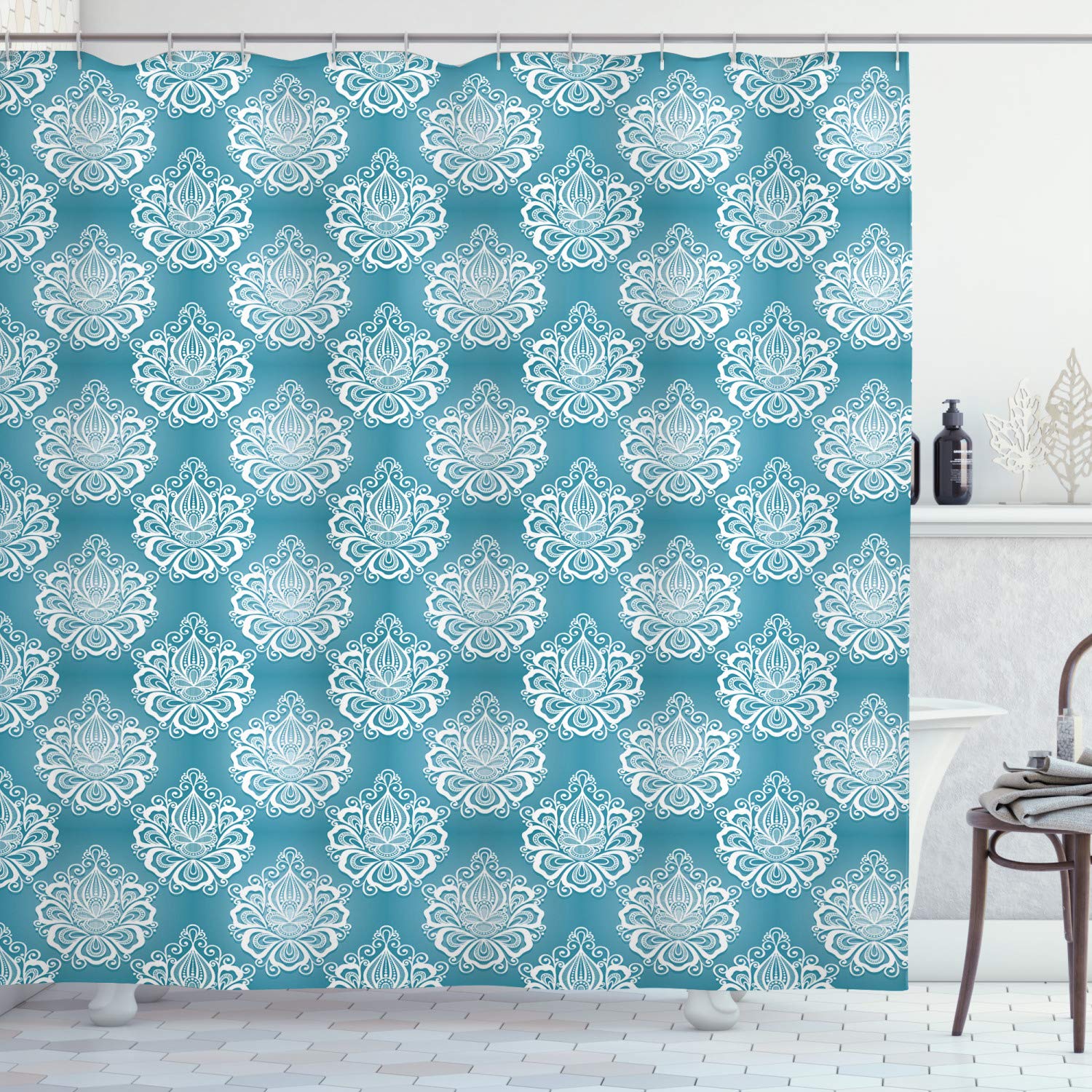 ABAKUHAUS Blue and White Shower Curtain, Damask Art Flowers with Baroque Curlicues Victorian Garden Inspiration, Cloth Fabric Bathroom Decor Set with