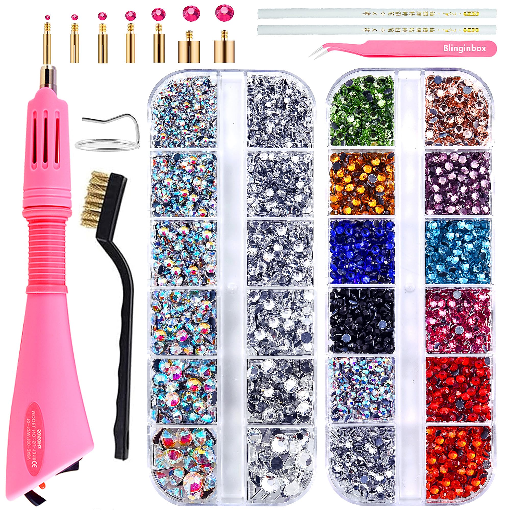 BLINGINBOX Hotfix Applicator Tool 2 Boxes of 4000 pcs Rhinestone with Flat Back Gems Round Hotfix Rhinestone for Clothes and Shoes