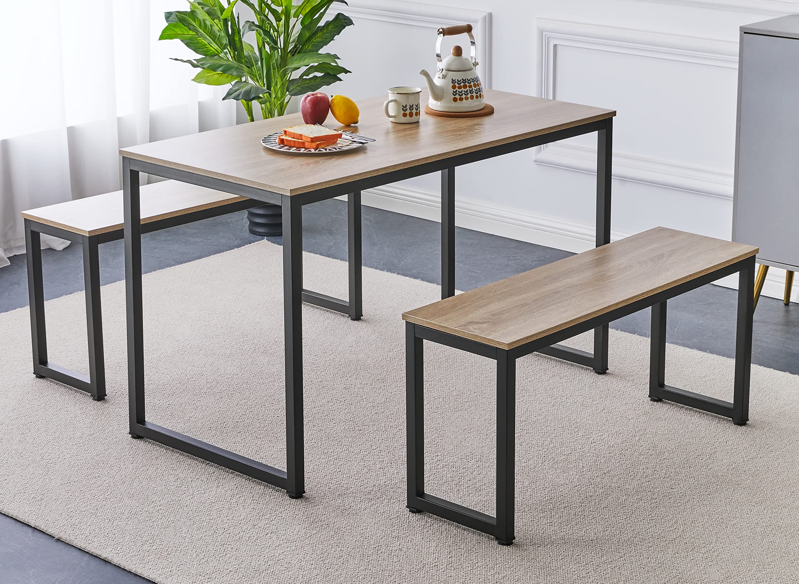 Hallowood Furniture Kempley Dining Table and Bench Set, 120cm Industrial Table in Bench in Black Metal Legs, Space-Saving Dining Room Sets for Modern