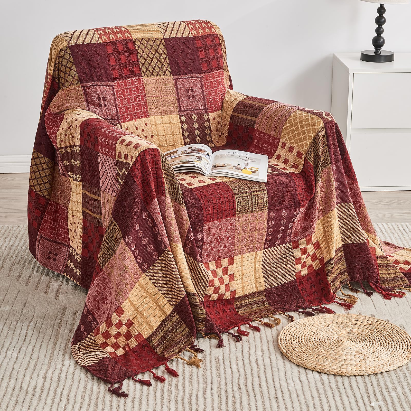 Edcooy Boho Throw Blanket,Patchwork Large Blankets for Sofa Double Bed Armchair Couch,Weighted Soft Furniture Throws,Tassels Chenille Throws and
