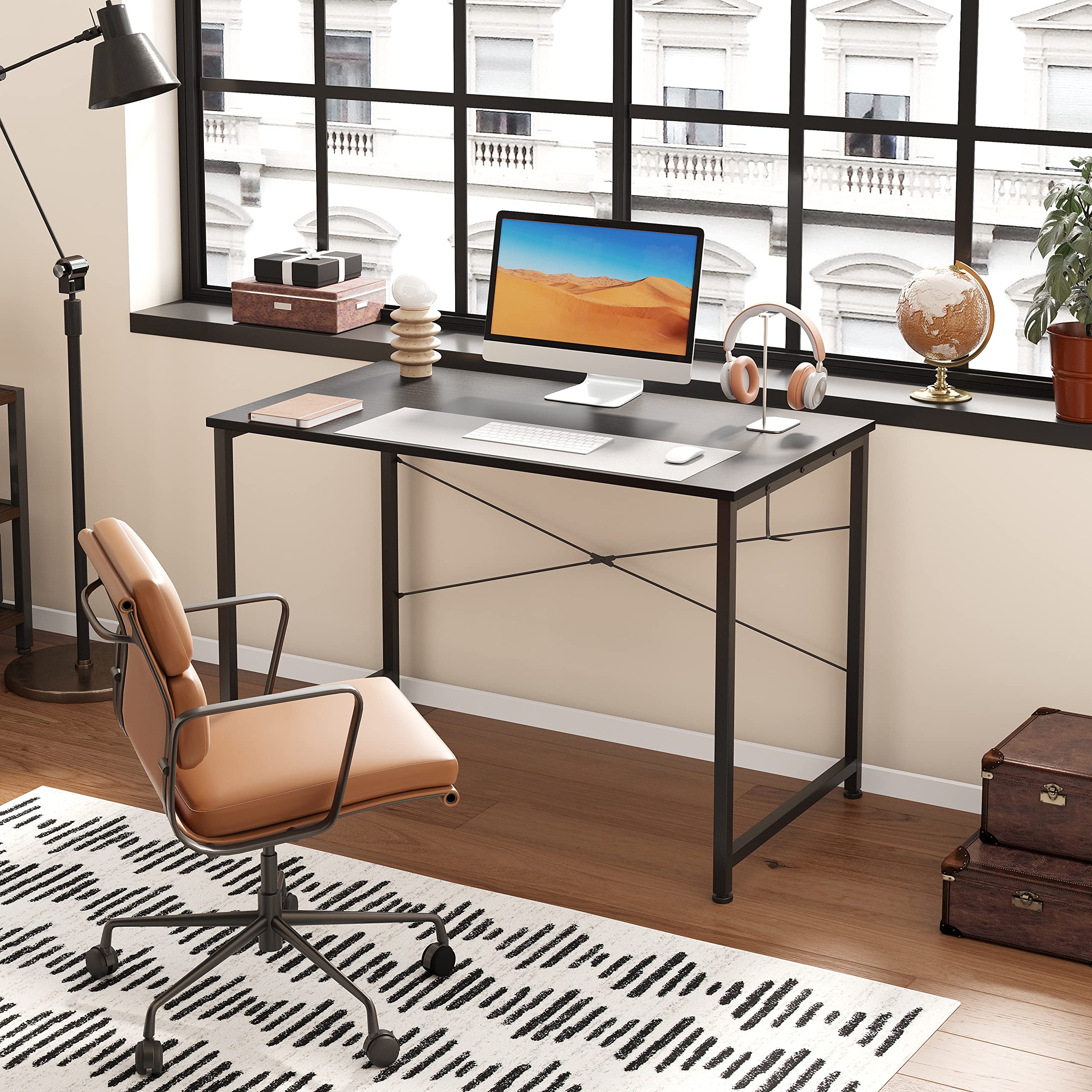 Flrrtenv 80cm Computer Desk, Gaming Desk with Sturdy Metal Frame and X-Shaped Design, Small Office Desk for Home, Modern Black