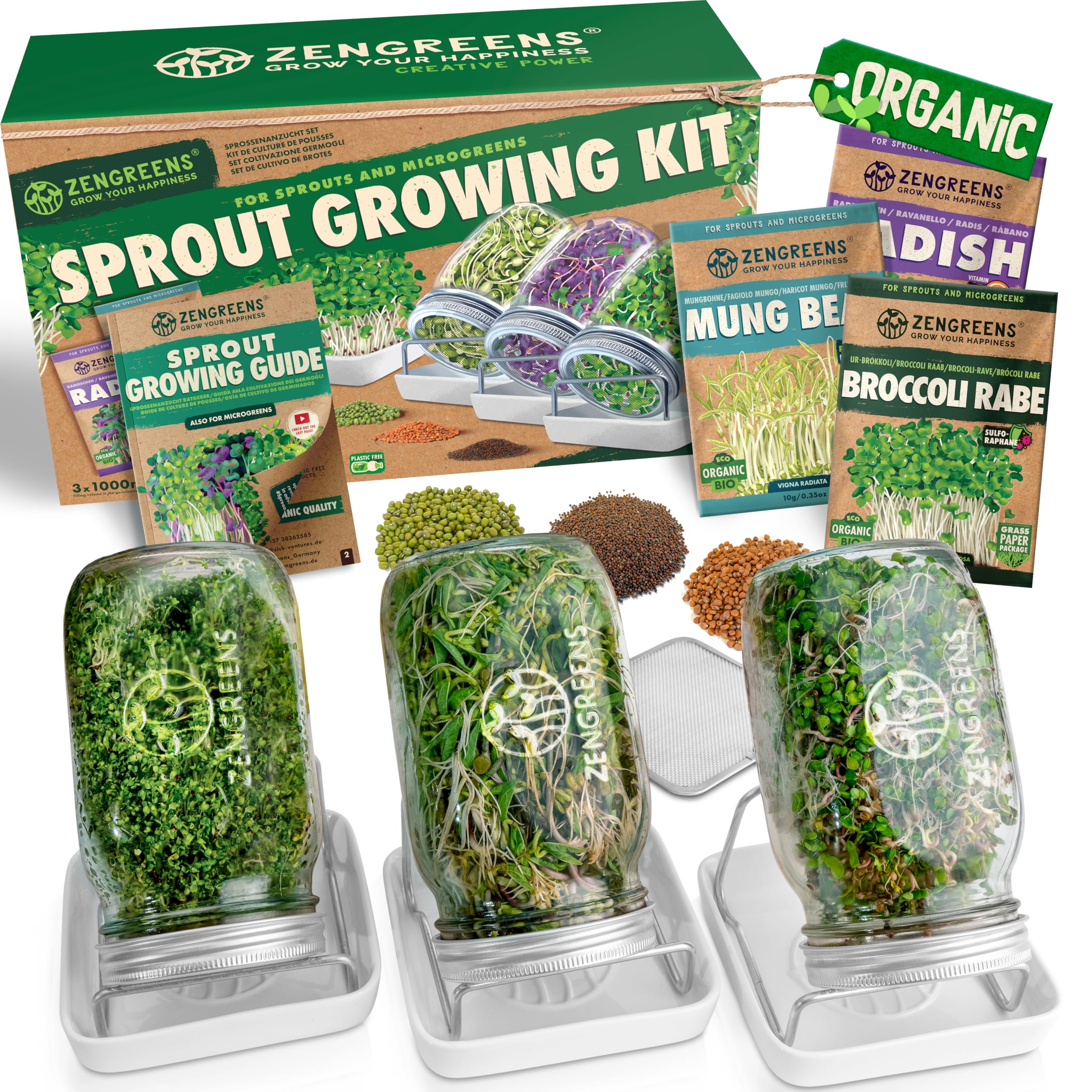 ZenGreens Organic sprout jar set incl. sprout seeds, sprout tray & video course - set of 1, 2 or 3 - sprout jar set - sprout glass - sprout tray -