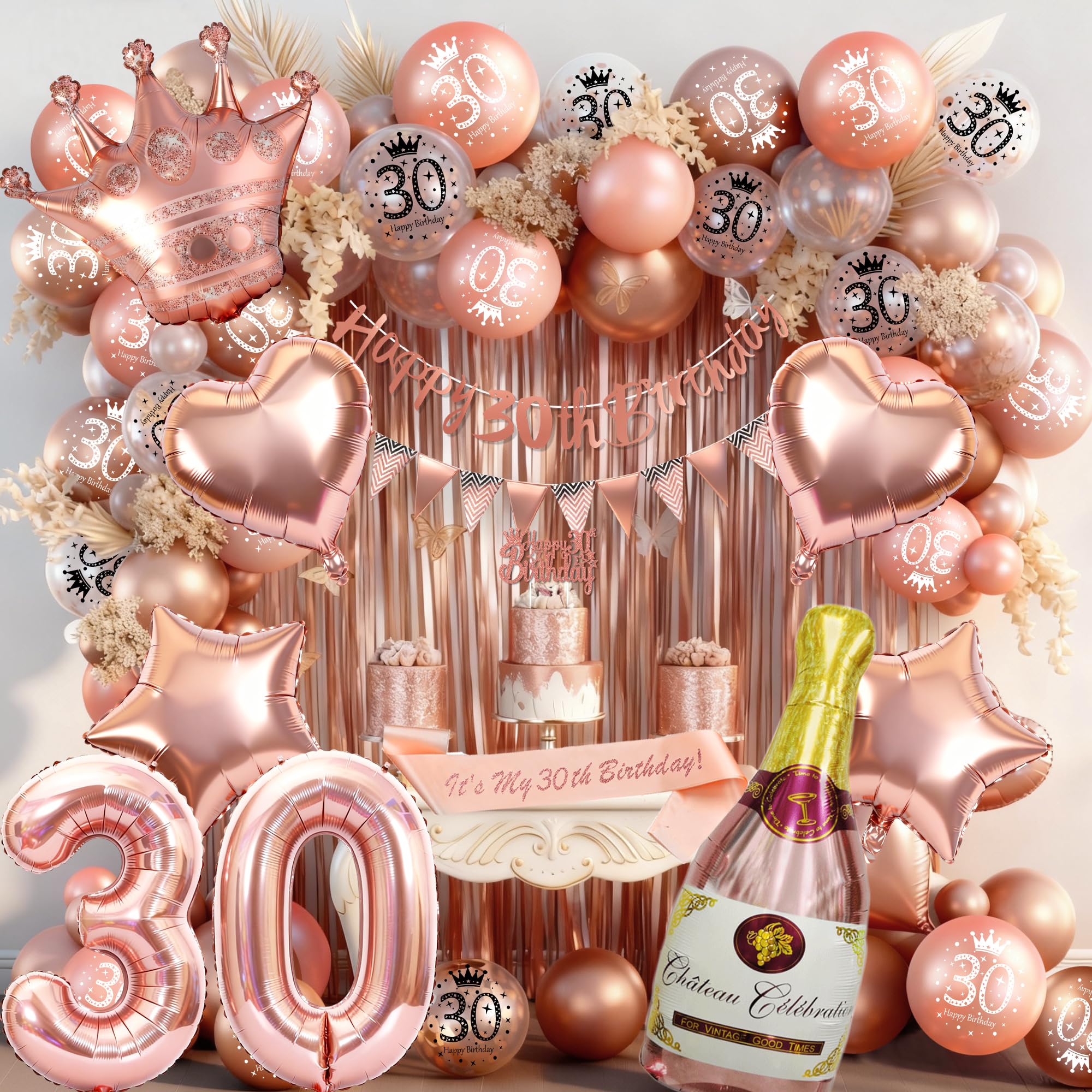 Rose Gold 30th Birthday Decoration for Women - Happy 30th Birthday Banner, Triangle Flag Banner, Number 30 Balloons, Foil Curtains for Party
