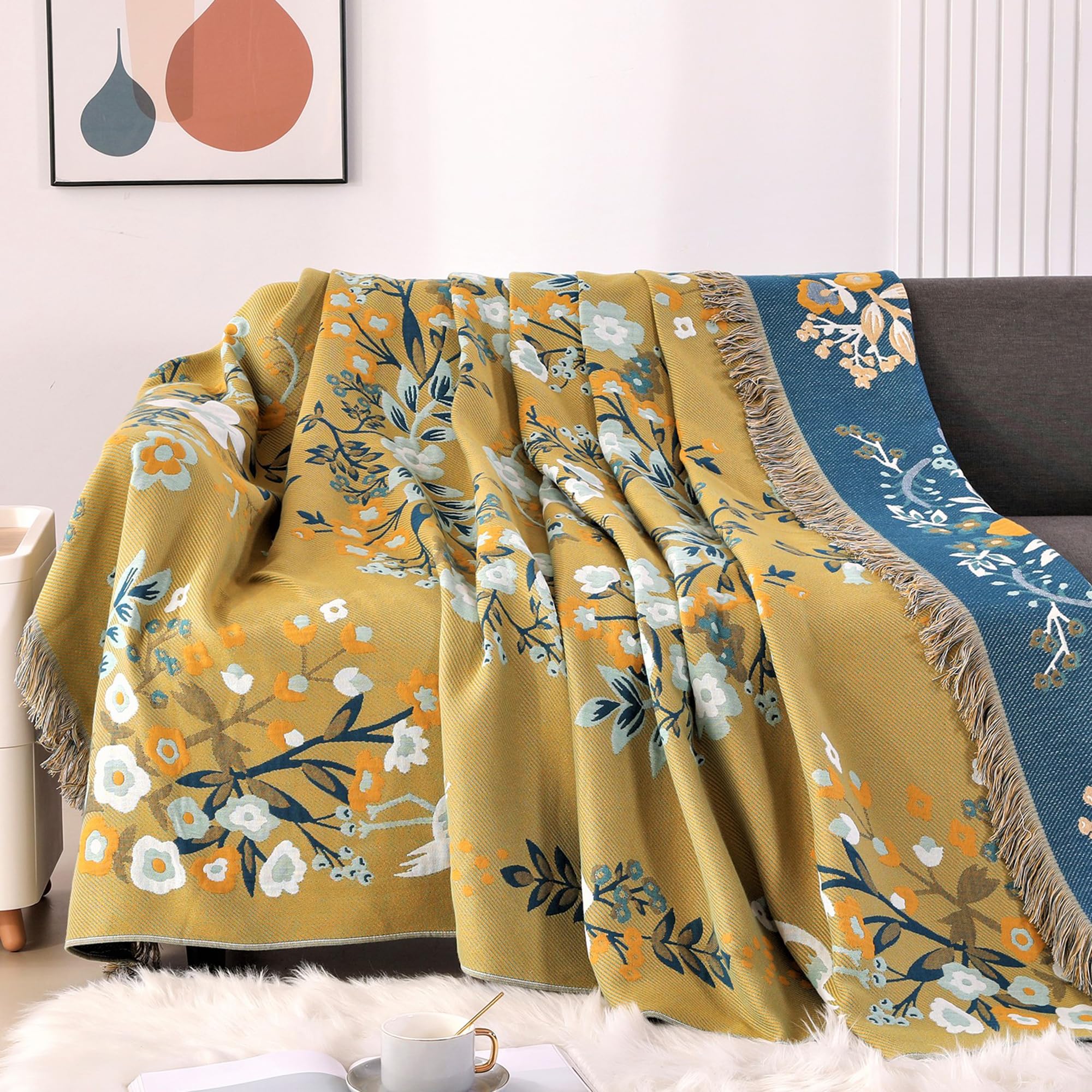 DECMAY Double-sided Throws for Sofas Large, Boho Sofa Bedspread Throw Blanket with Tassels, 100% Cotton Throw for Sofas, Bed and Armchair, Olive,
