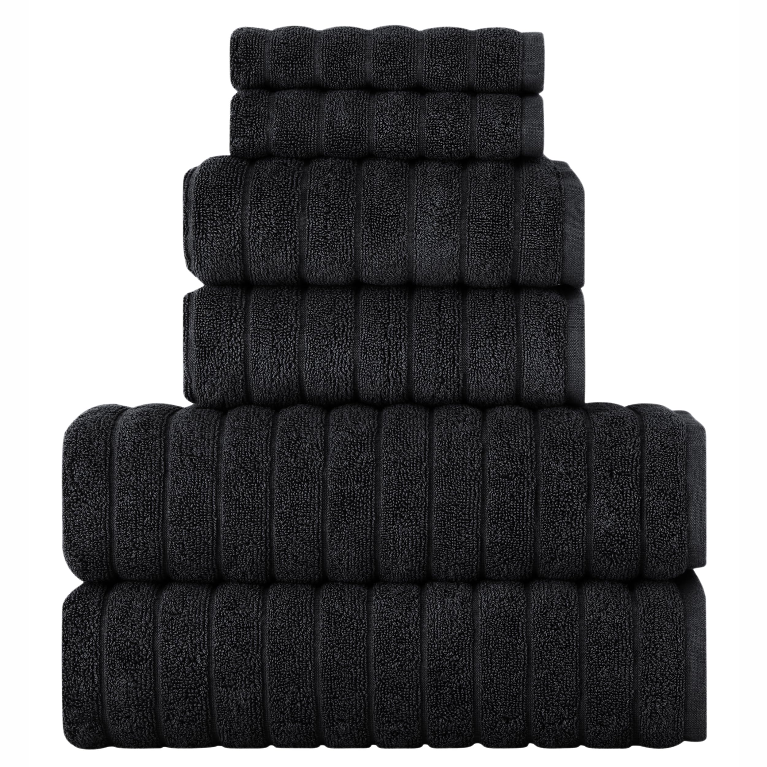 BERIBO Turkish Towel Set 100% Cotton (Cloud) 6 Pieces, 620gsm (Black)