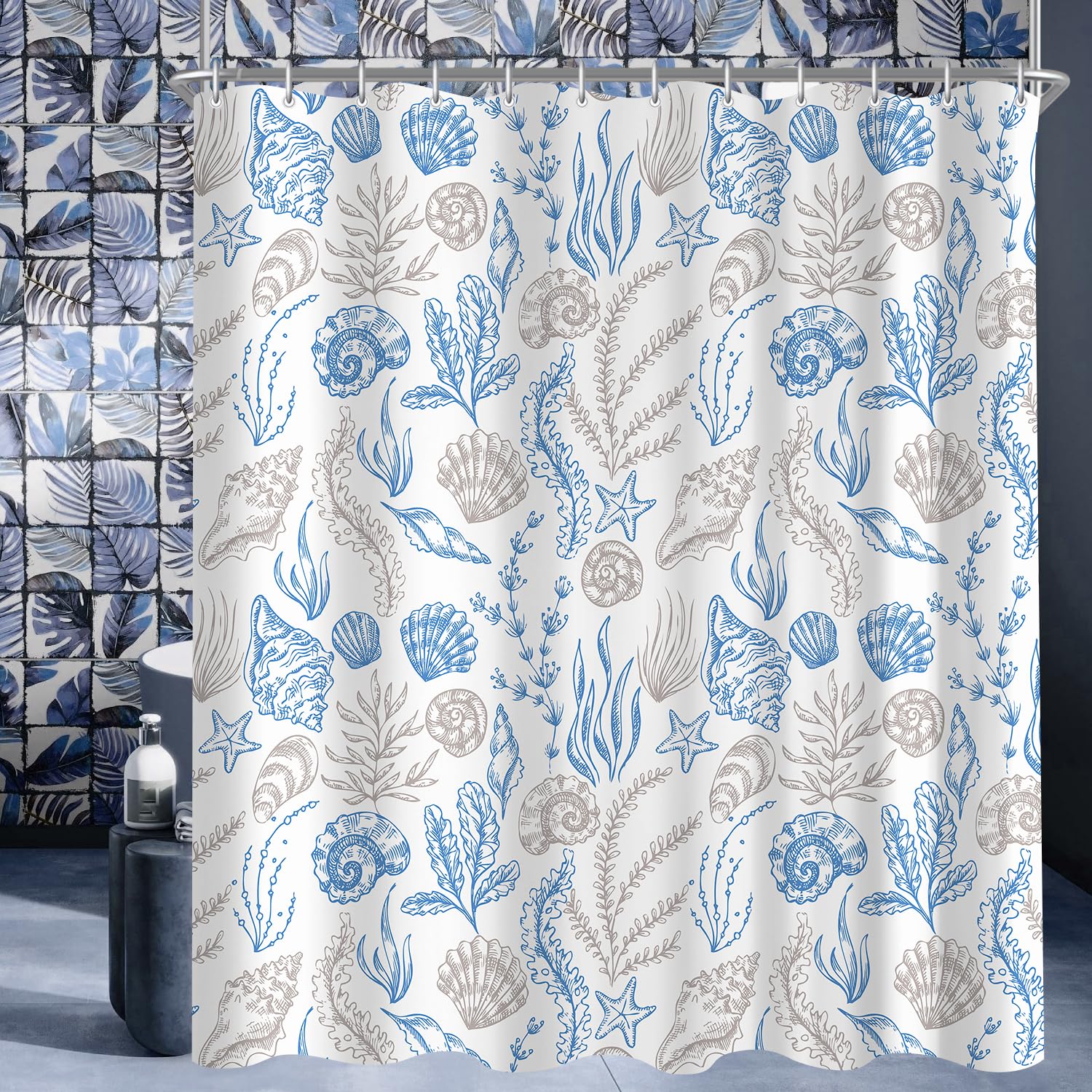 Lerores Shower Curtain, 180 x 200 cm, Shell Motif, Weighted Hem, Anti-Mould, Water-Repellent, Washable Polyester Bath Curtains with 12 Eyelets and