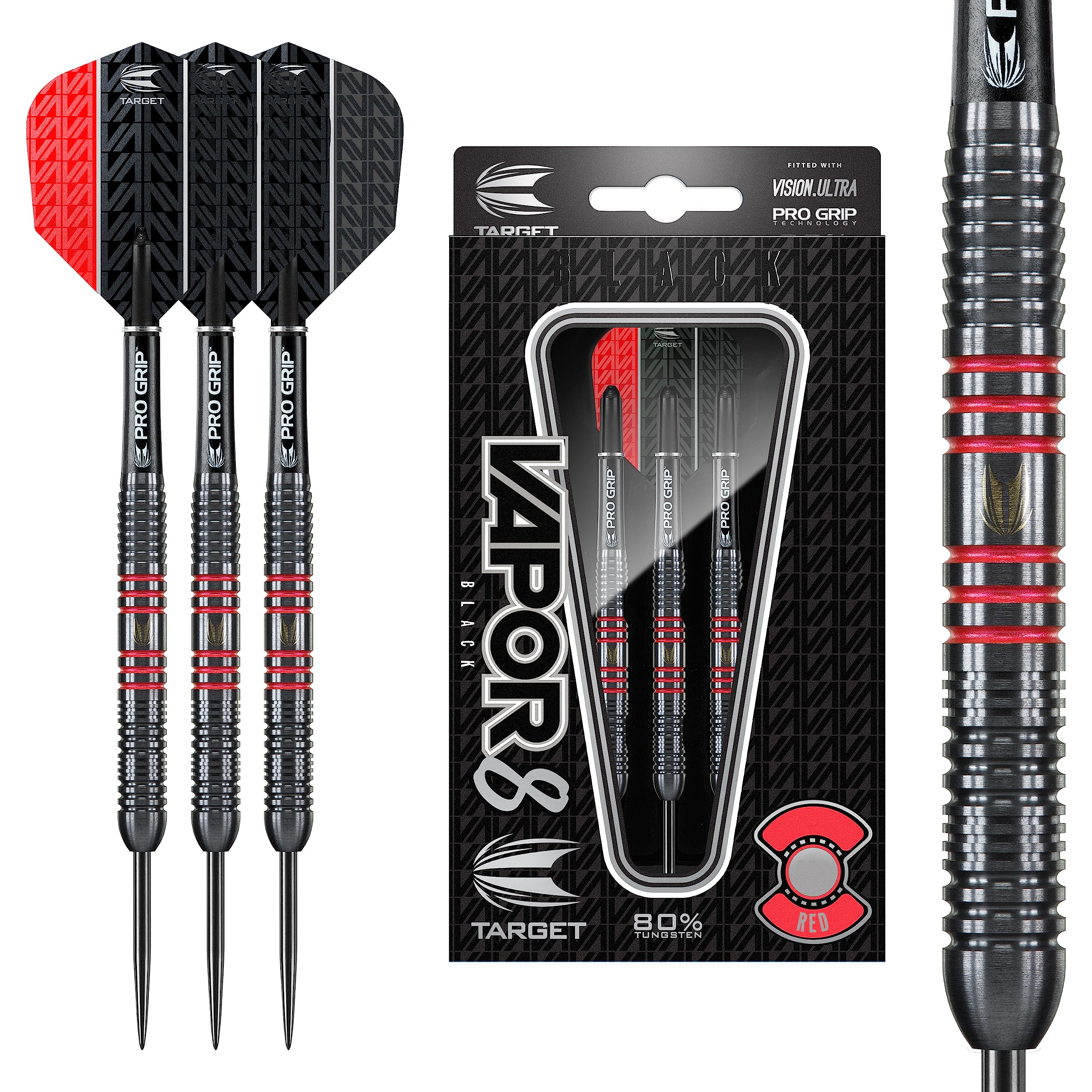 Target Darts Vapor 8 Black 80% Tungsten Steel Tip Darts Set 23G Red