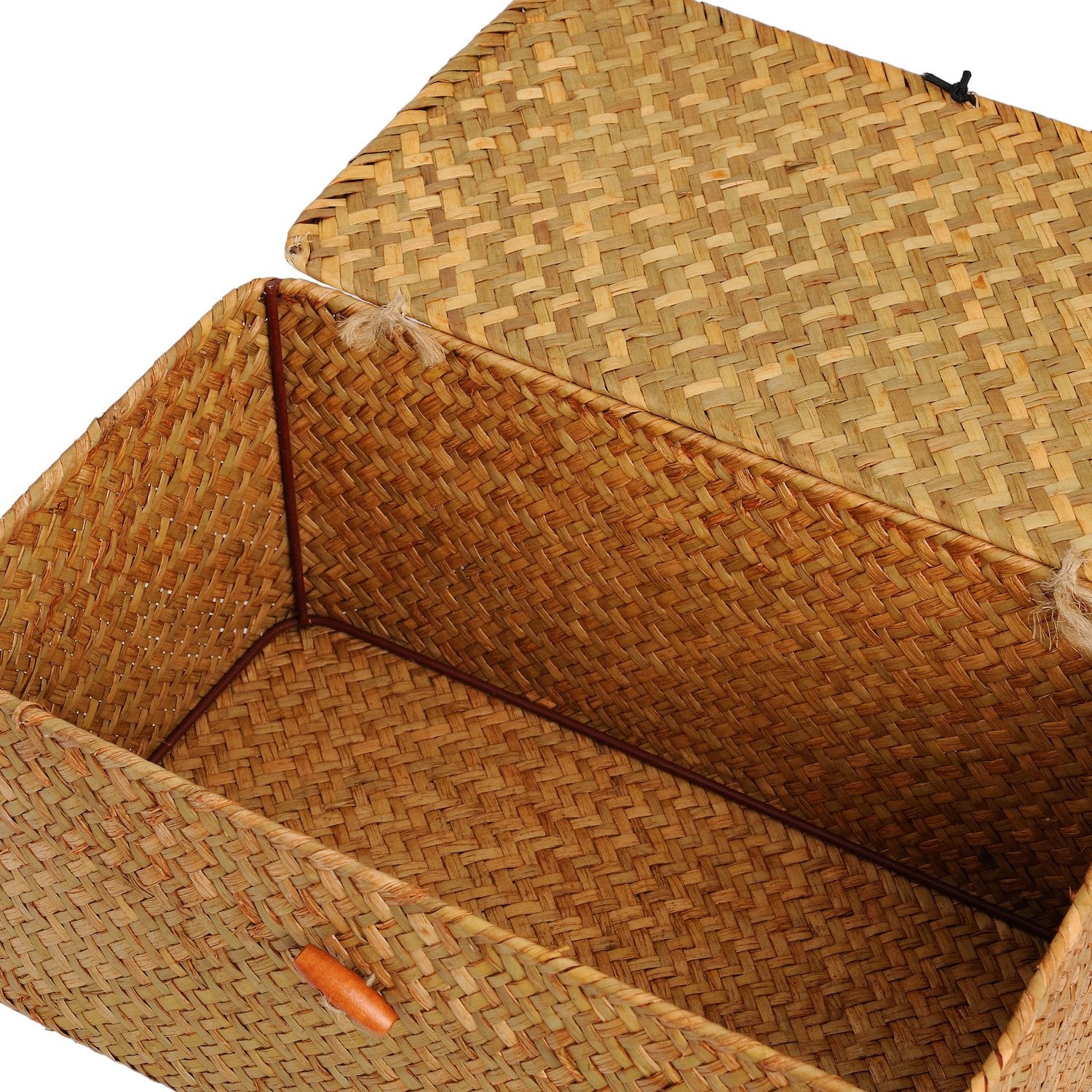 Seagrass Storage Baskets with Lid Natural Rattan Woven Rectangular Organizer Box Set of 3 (Large+Medium+Small)