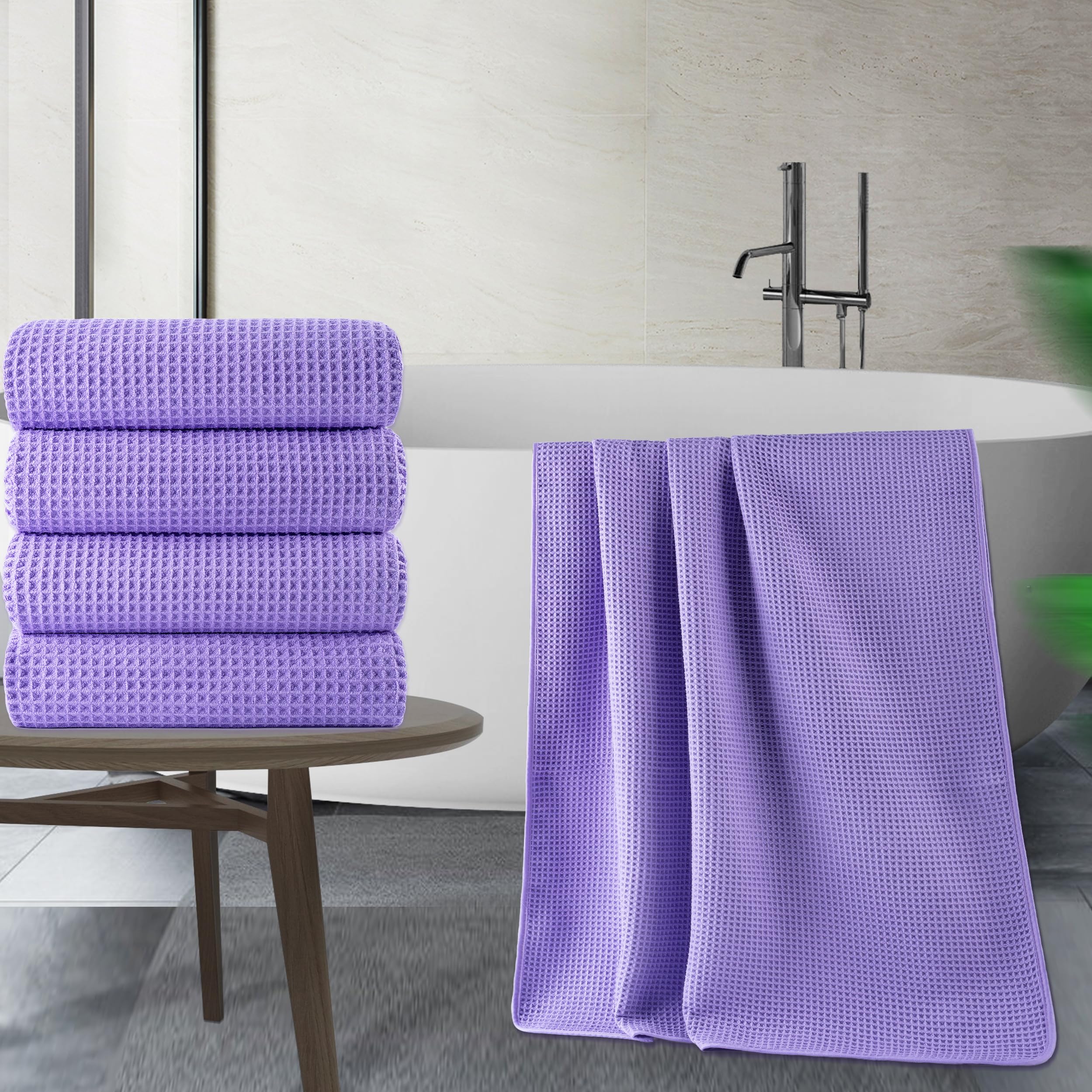 POLYTE Microfibre Oversize Quick Dry Lint Free Bath Towel, 152 x 76 cm, 4 Pack (Purple, Waffle Weave)