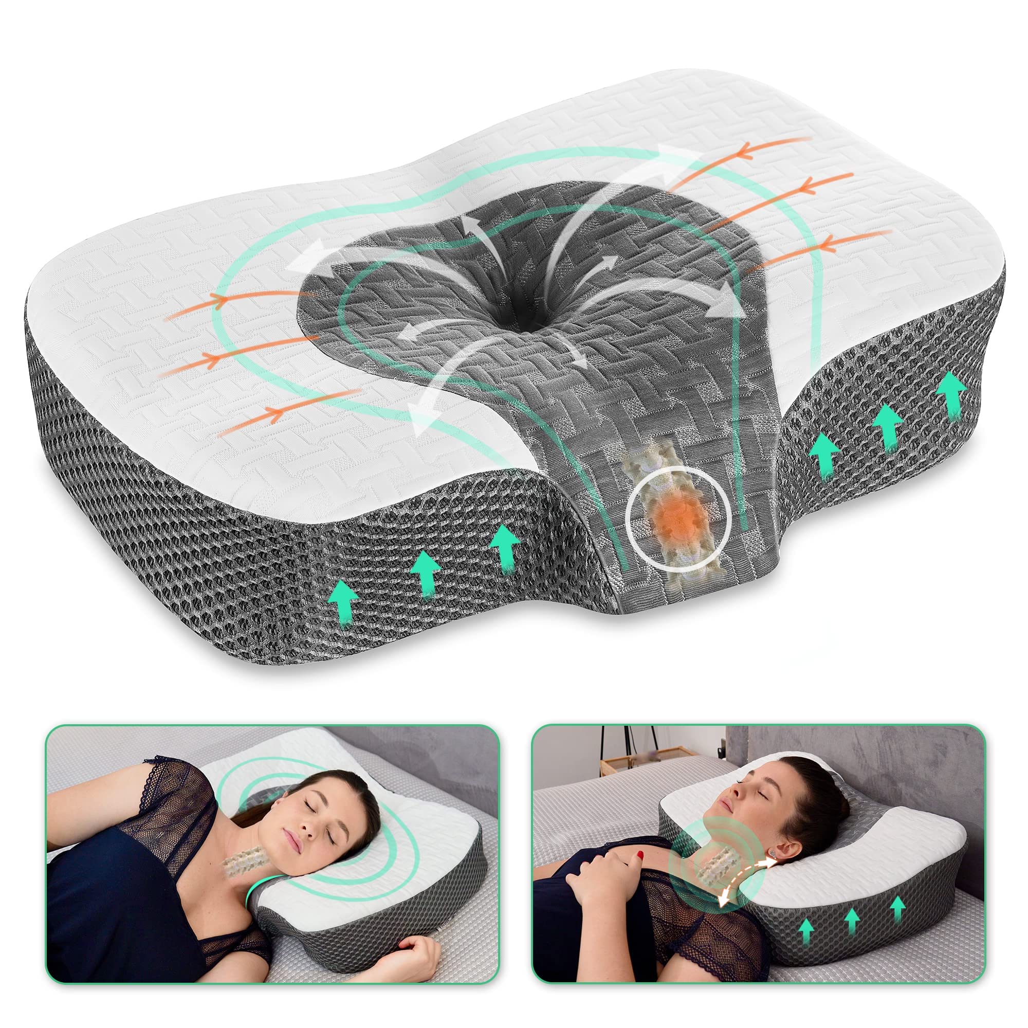 Elviros Cervical Memory Foam Neck Pillow for Side Sleeping, Orthopedic Pillows for Back and Stomach Sleepers, Adjustable Ergonomic Bed Pillow Pain
