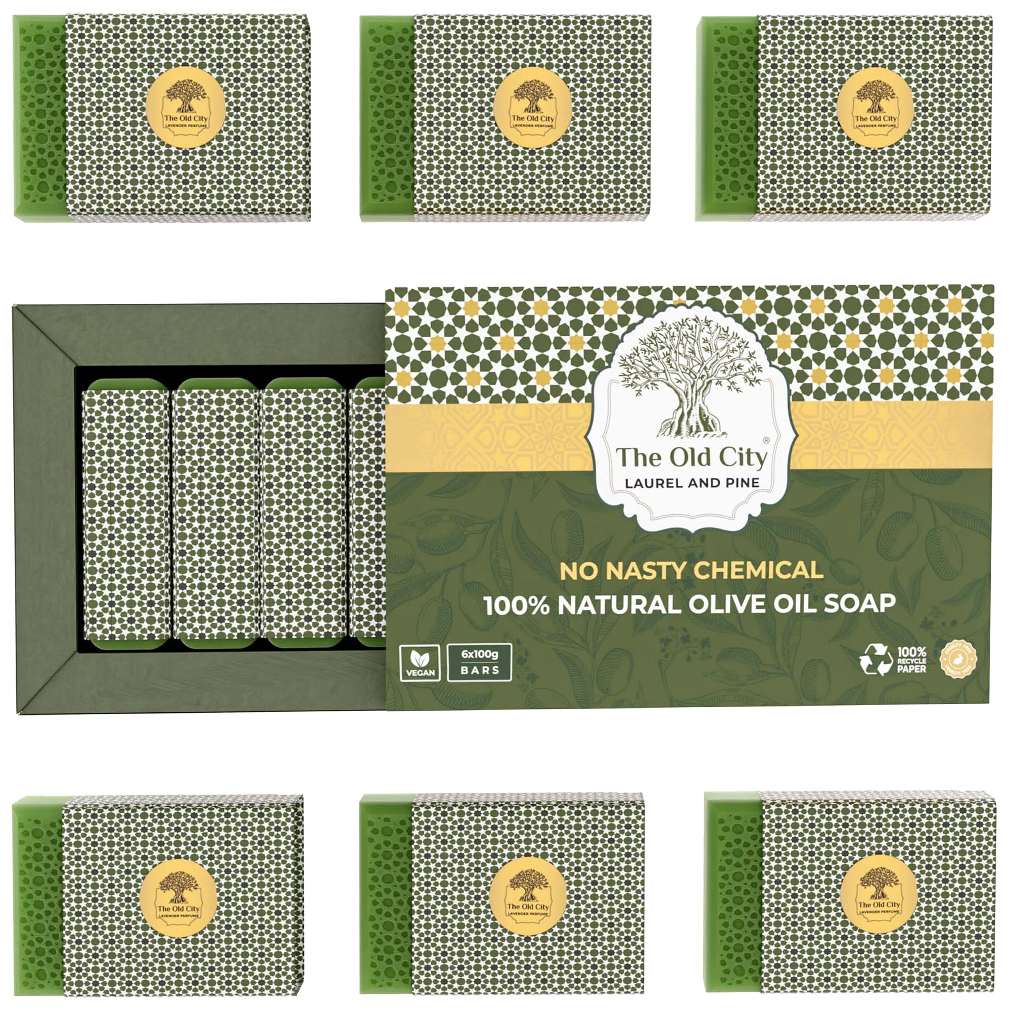 Natural Olive & Laurel Oil Soap Bar | Traditional Handmade Formula | Vegan, SLS-Free & Moisturising Soap for Face & Body | 6x100g