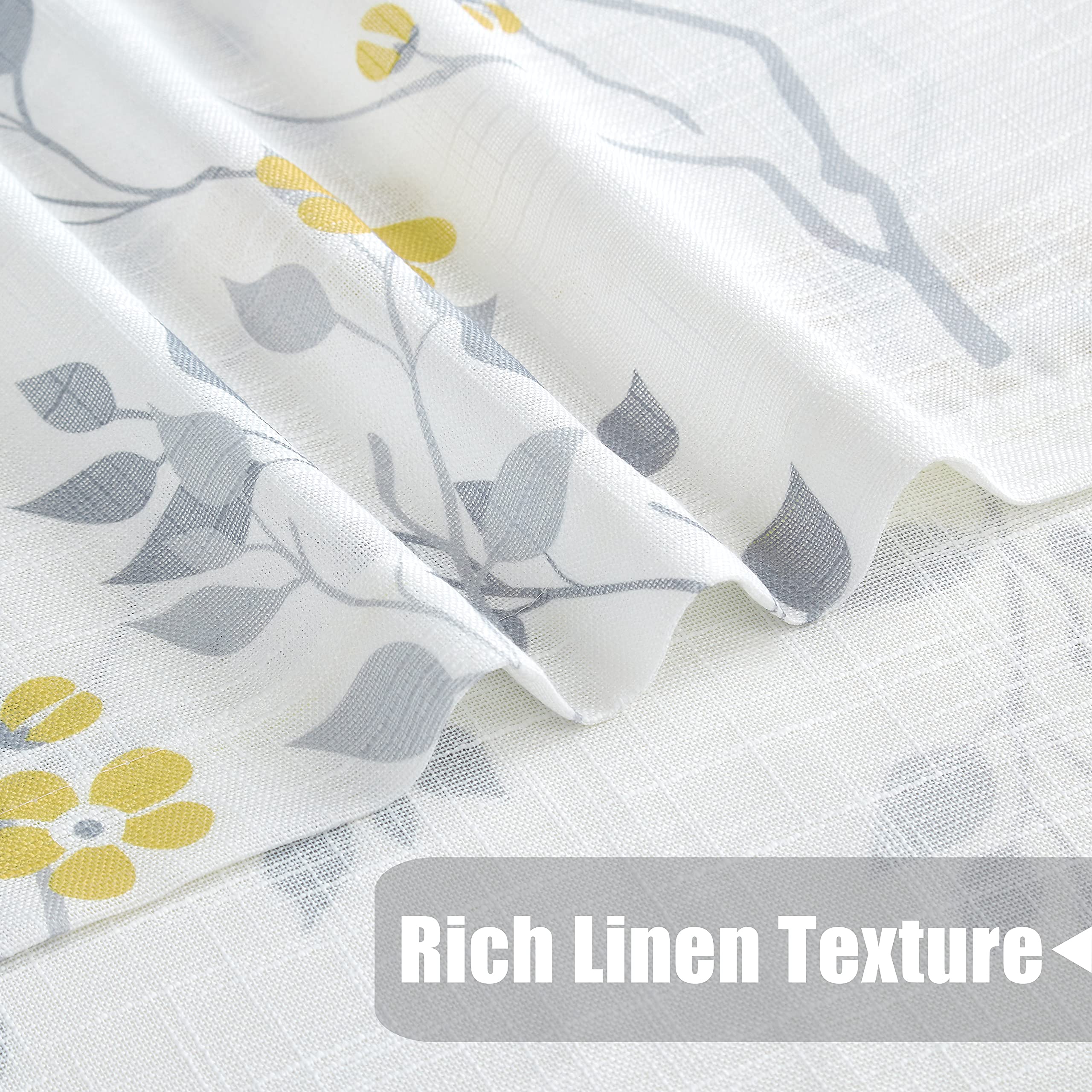 Beauoop Yellow Grey Semi Sheer Floral Curtains for Living Room 90 Drop Linen Textured Farmhouse Curtains for Bedroom Leaf Printed Eyelet Rustic Drapes