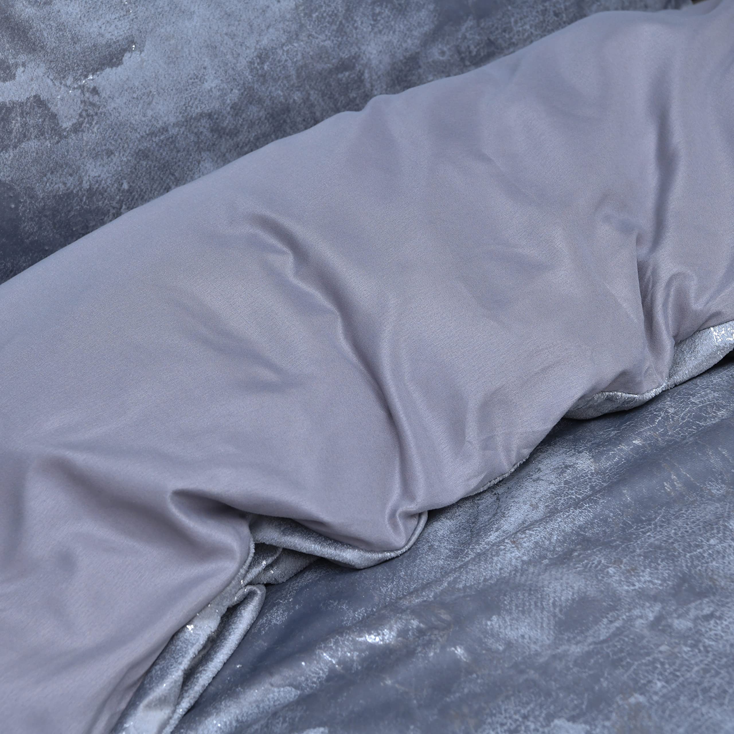 Sleepdown Marble Velvet Metallic Grey Plain Reverse Duvet Cover Quilt Pillow Cases Bedding Set Soft Easy Care - Super King (220cm x 260cm)