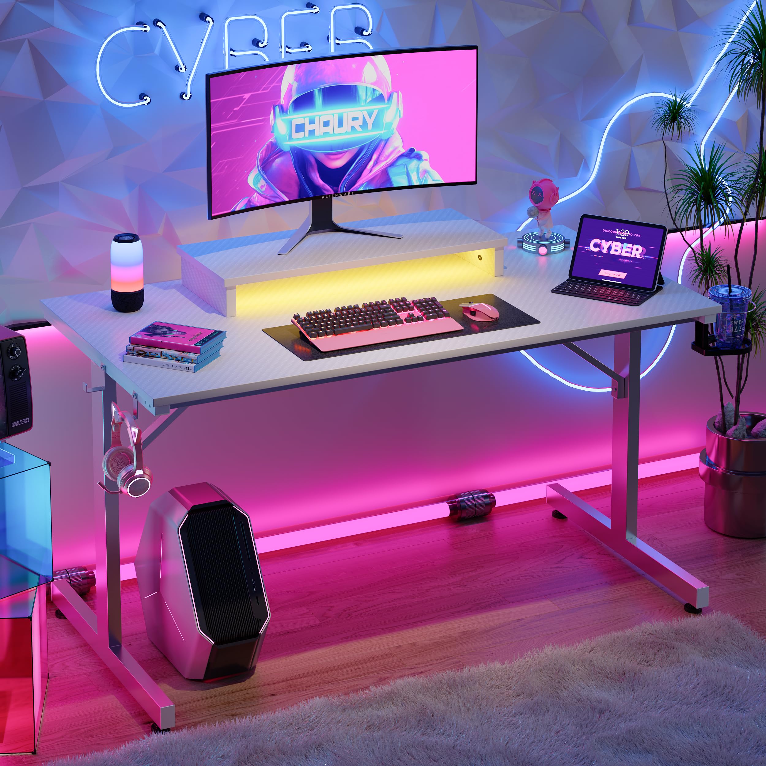 Bestier Small Gaming Desk with Monitor Stand, 106.6 CM LED Computer Desk, Gamer Workstation with Cup Holder & Headset Hooks, Modern Simple Style Desk