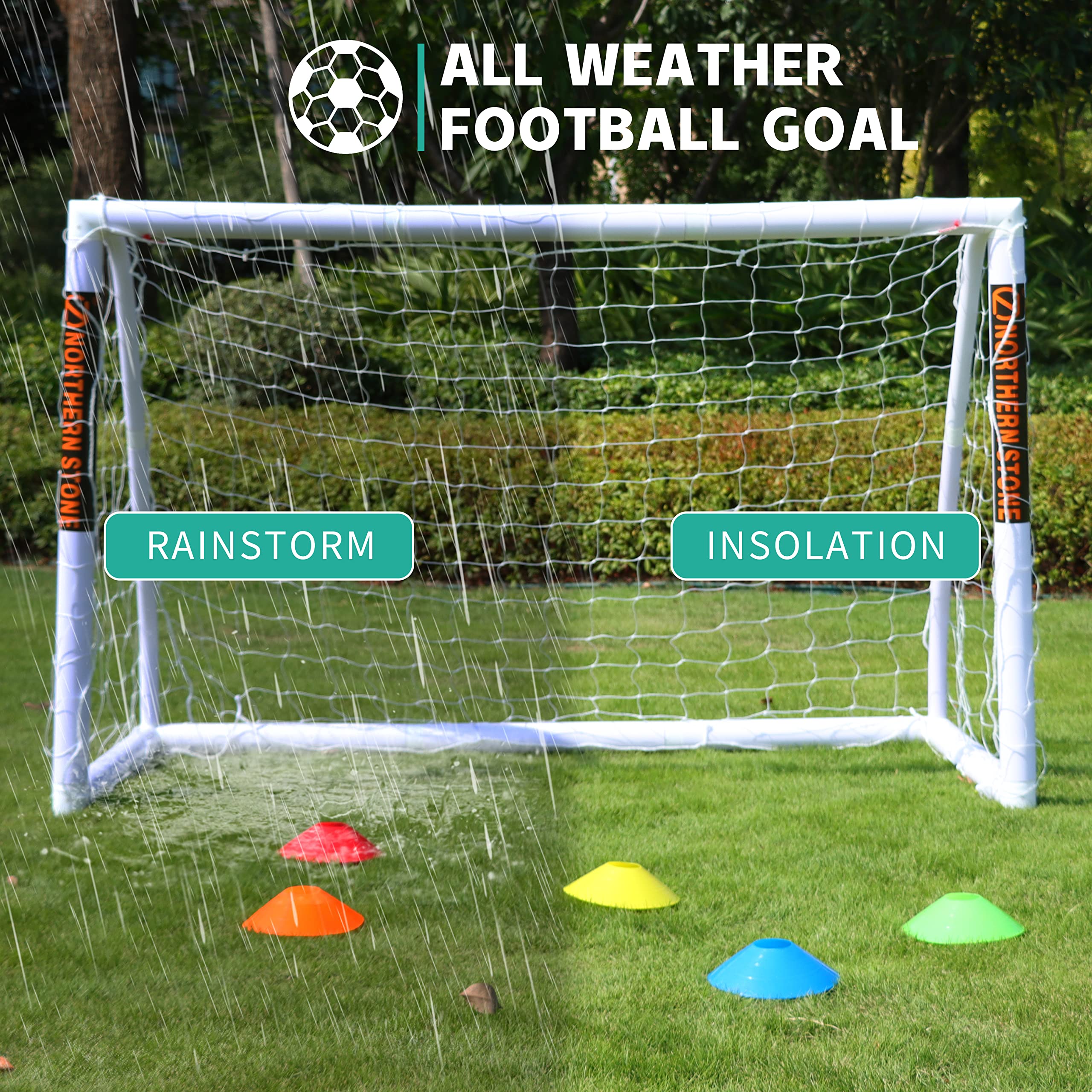 NORTHERN STONE Ultimate All Weather uPVC Football Goal 6ft x 4ft Garden Portable Football Goals 70mm Thick PVC Goal Posts + Football Net Integrated