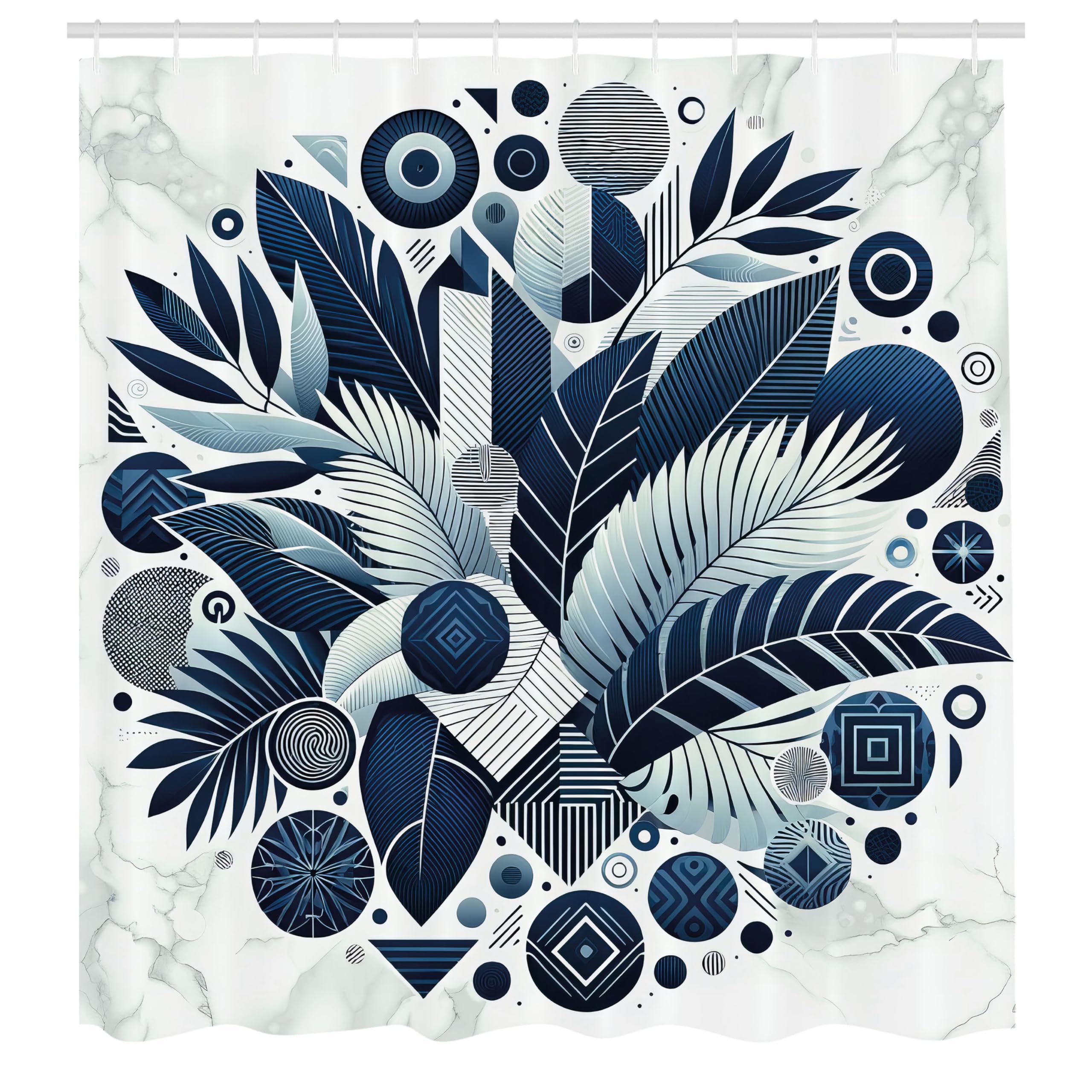 ABAKUHAUS Navy Blue Shower Curtain, Leaves Palms and Circles, Cloth Fabric Bathroom Decor Set with Hooks, 175 x 200 cm, Purple Blue White