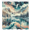 ABAKUHAUS Lake Shower Curtain, Woodland Mountain Print Cloudy, Cloth Fabric Bathroom Decor Set with Hooks, 175 x 200 cm, Cadet Blue Peach Teal