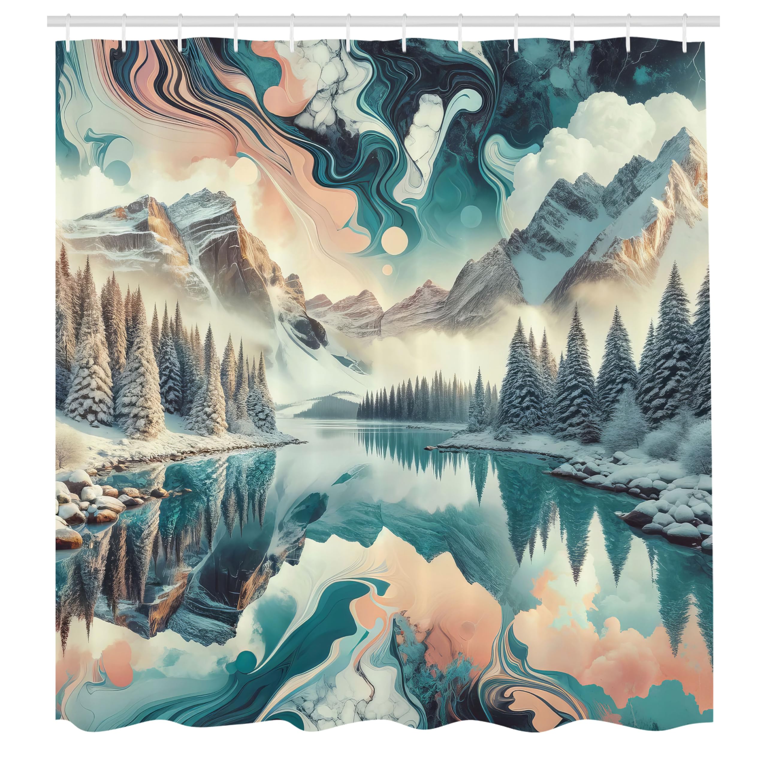 ABAKUHAUS Lake Shower Curtain, Woodland Mountain Print Cloudy, Cloth Fabric Bathroom Decor Set with Hooks, 175 x 200 cm, Cadet Blue Peach Teal