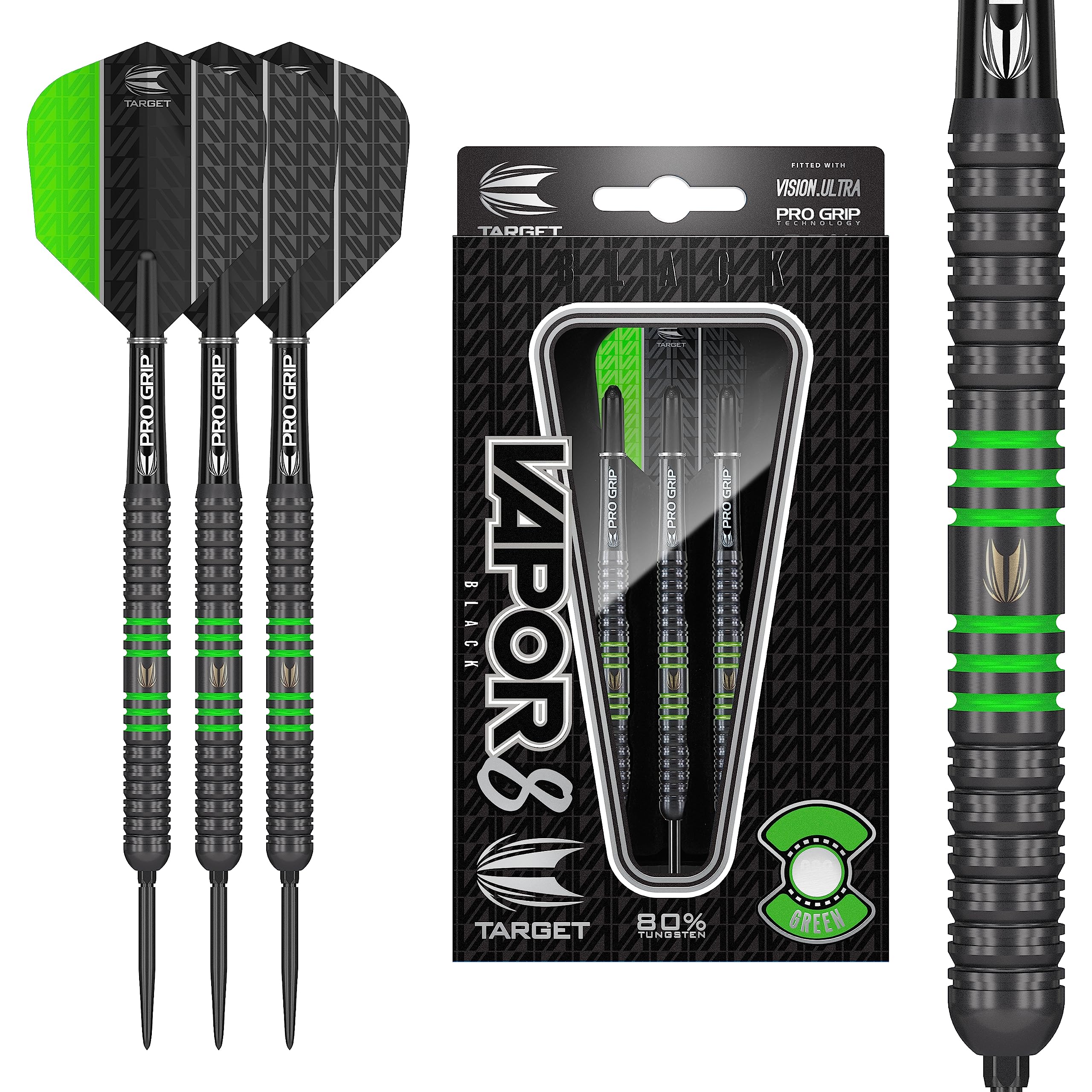 Target Darts Vapor 8 Black 80% Tungsten Steel Tip Darts Set 21 G Green