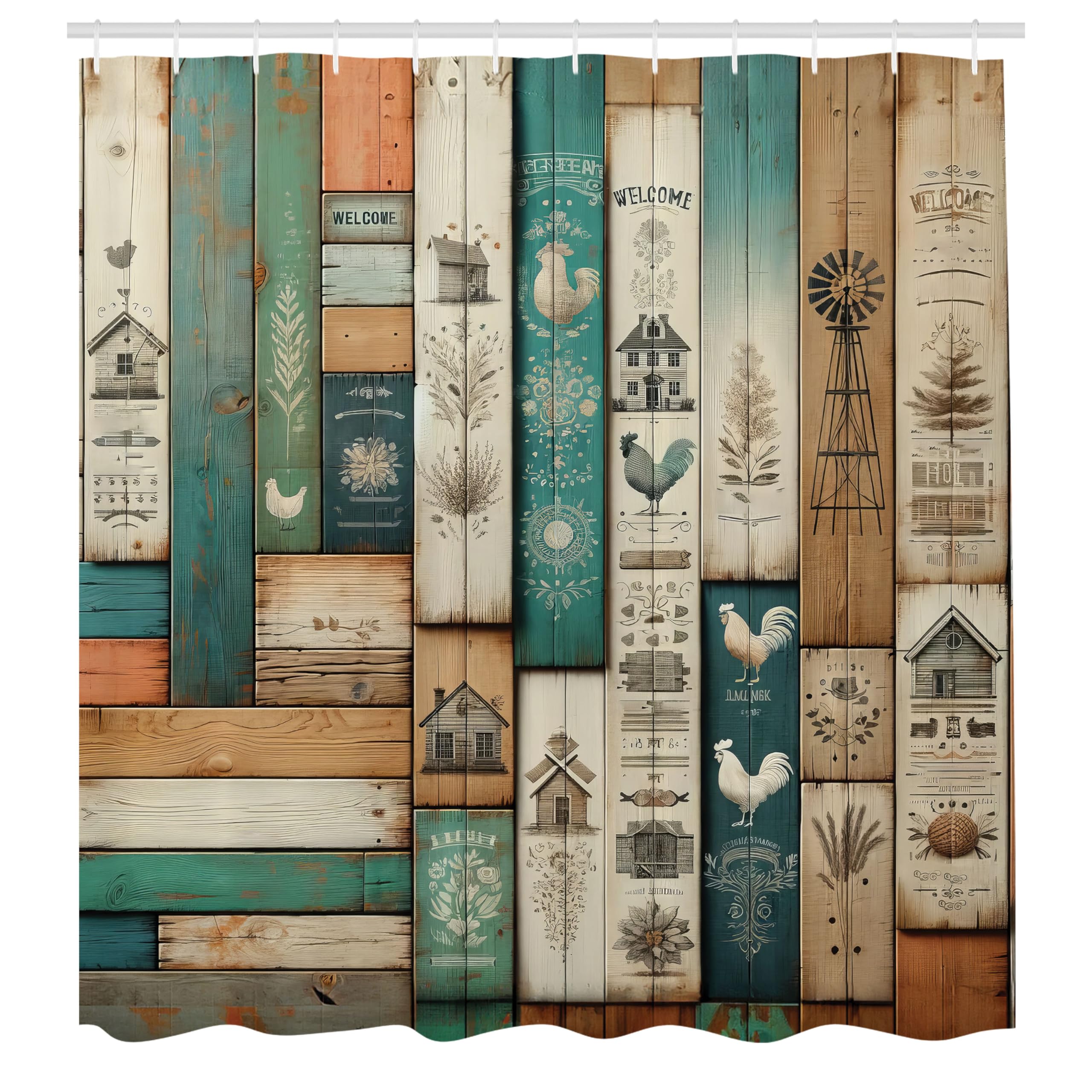 ABAKUHAUS Farmhouse Shower Curtain, Rustic Wooden Planks Art, Cloth Fabric Bathroom Decor Set with Hooks, 175 x 200 cm, Turquoise Camel Eggshell