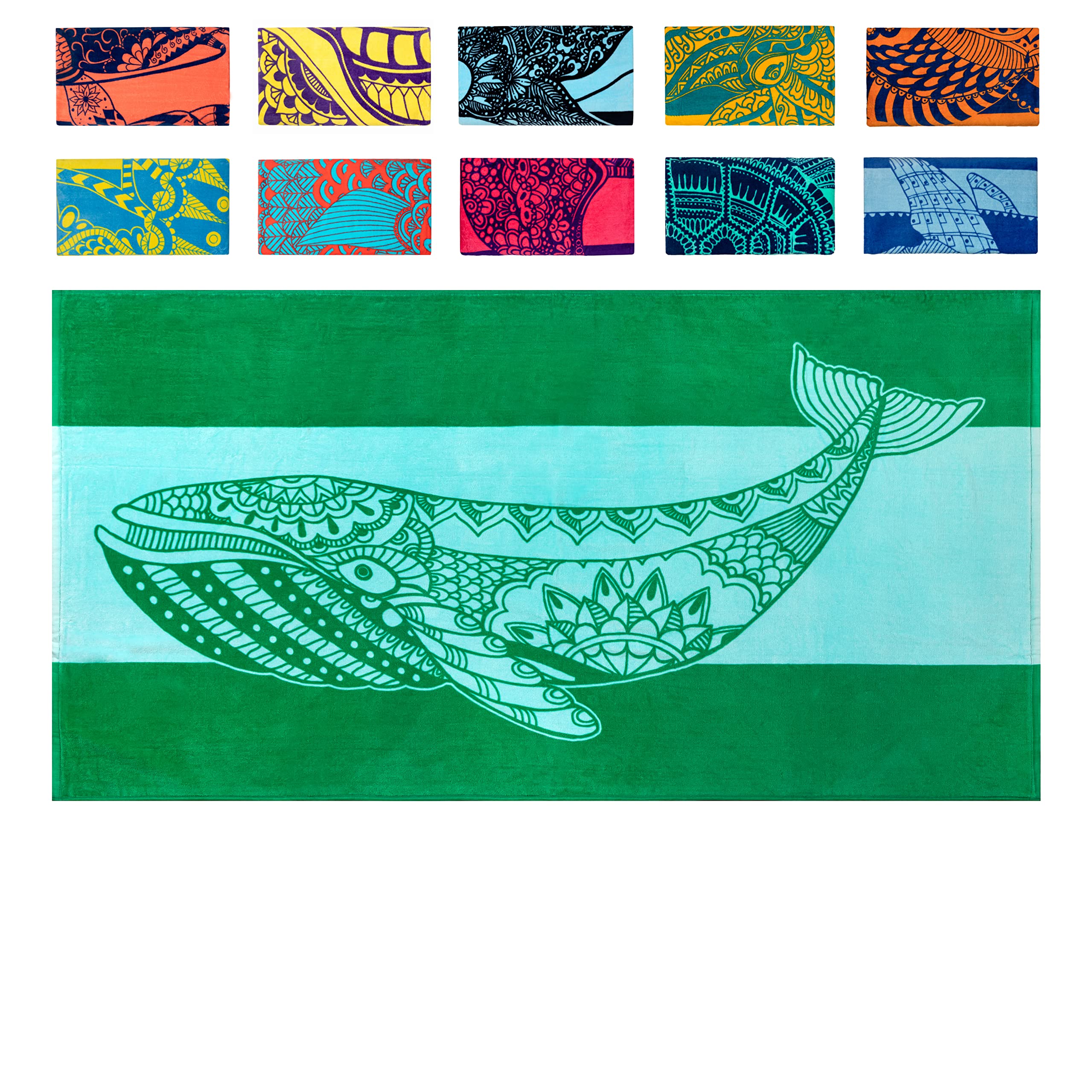 Nova Blue Whale Beach Towel - 34 x 63 Inch, 100% Cotton, Blue, Green (Striped) Stripes, Fish Theme, Lightweight, Portable
