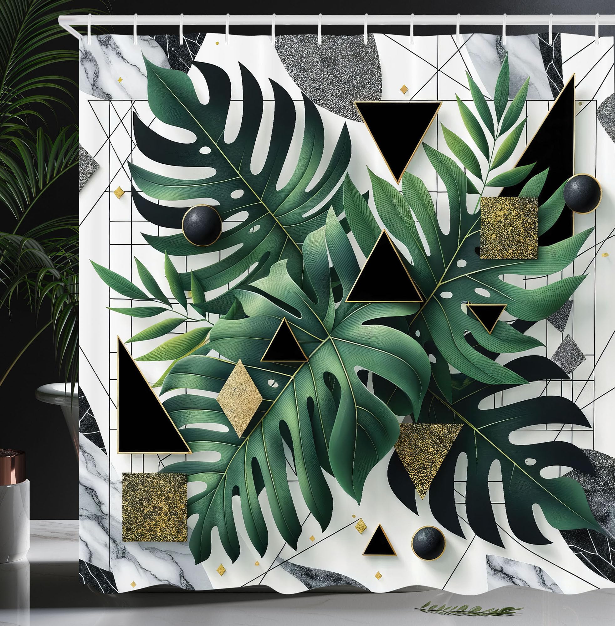 ABAKUHAUS Monstera Shower Curtain, Boho Abstract Nature Art, Cloth Fabric Bathroom Decor Set with Hooks, 175 x 200 cm, Emerald Dark Grey Dimgray