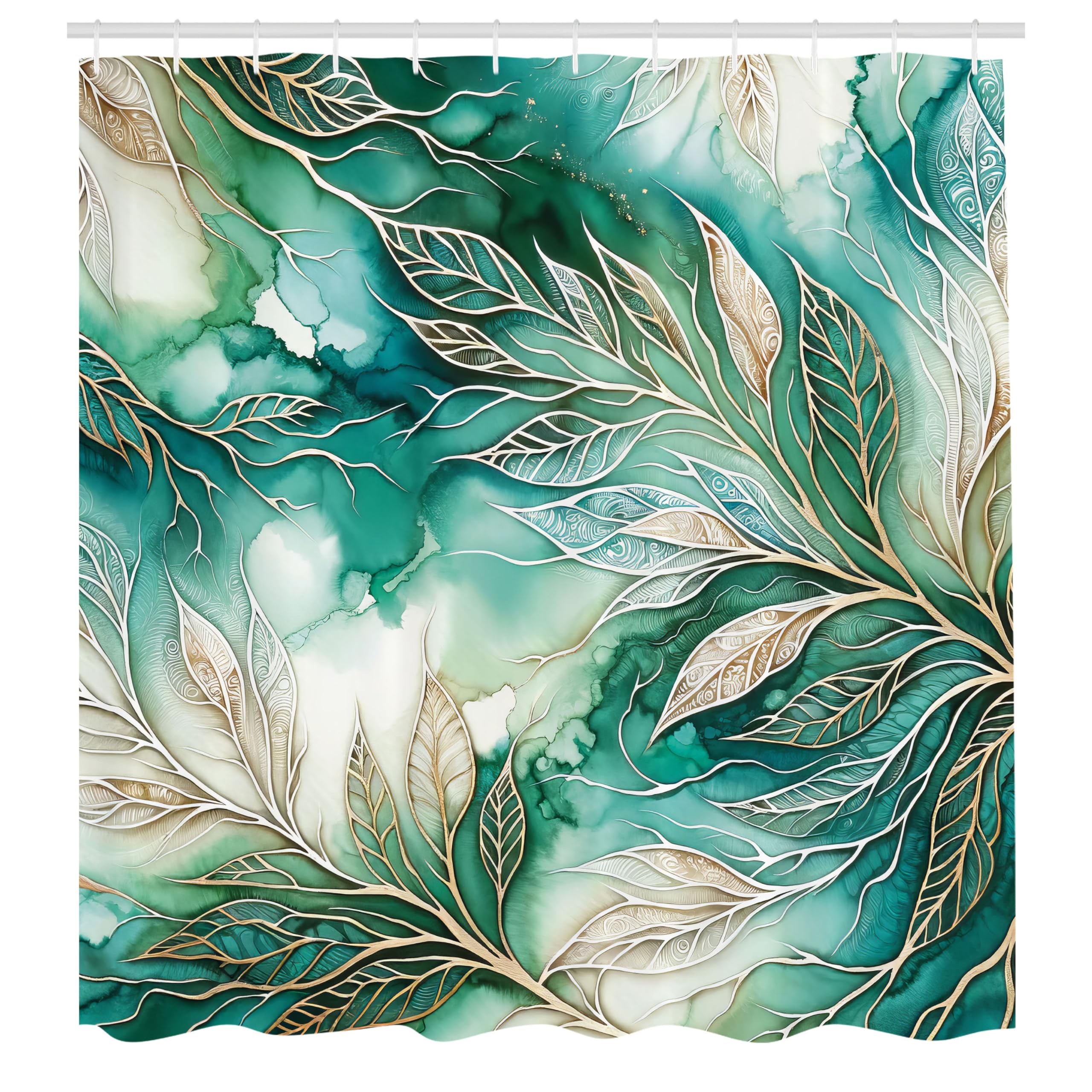 ABAKUHAUS Teal Shower Curtain, Greenery Marble Print Leaves, Cloth Fabric Bathroom Decor Set with Hooks, 175 x 200 cm, Dark Sea Green Dark Khaki