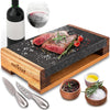 Nutrichef Steak Stone, Grill Hot Stone Cooking Set,Hot Lava Rock Sizzling Plate for Steak BBQ with Stainless Steel Knives and Acacia Wood Serving
