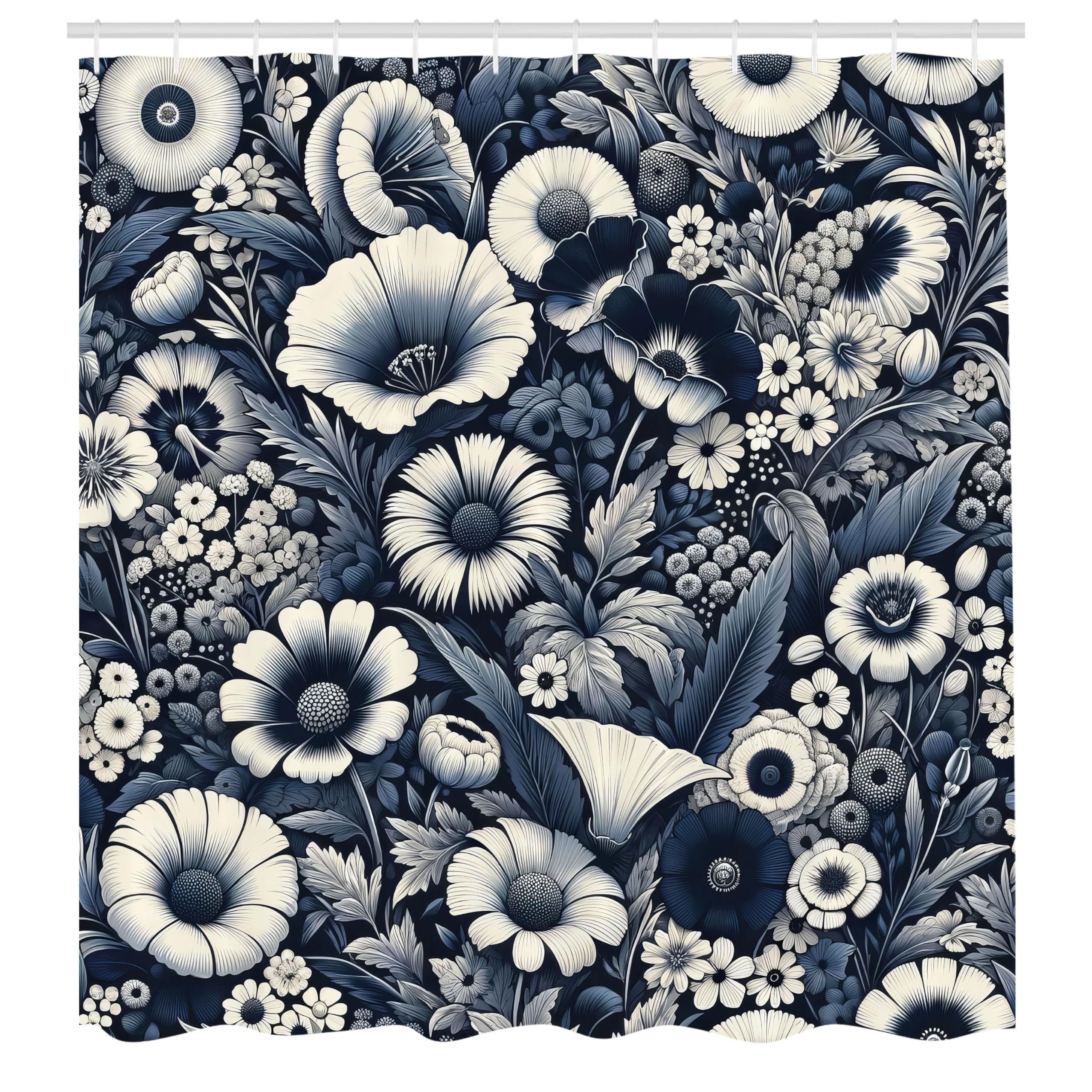 ABAKUHAUS Navy Blue Shower Curtain, Night Floral Garden Print, Cloth Fabric Bathroom Decor Set with Hooks, 175 x 200 cm, Coconut Dark Slate Blue
