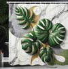 ABAKUHAUS Monstera Shower Curtain, Marble Boho Mid Century, Cloth Fabric Bathroom Decor Set with Hooks, 175 x 200 cm, Pale Grey Fern Green