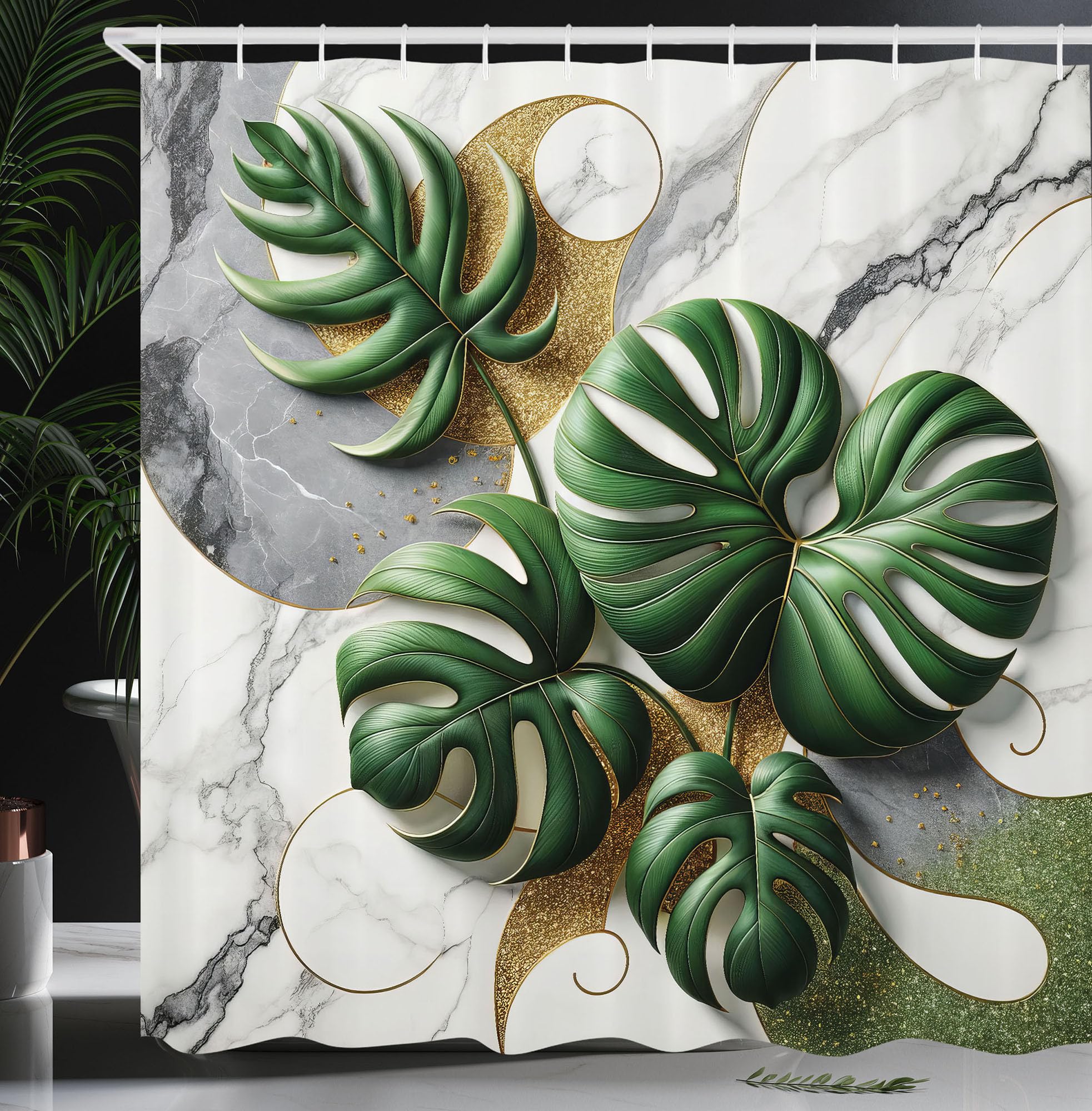 ABAKUHAUS Monstera Shower Curtain, Marble Boho Mid Century, Cloth Fabric Bathroom Decor Set with Hooks, 175 x 200 cm, Pale Grey Fern Green