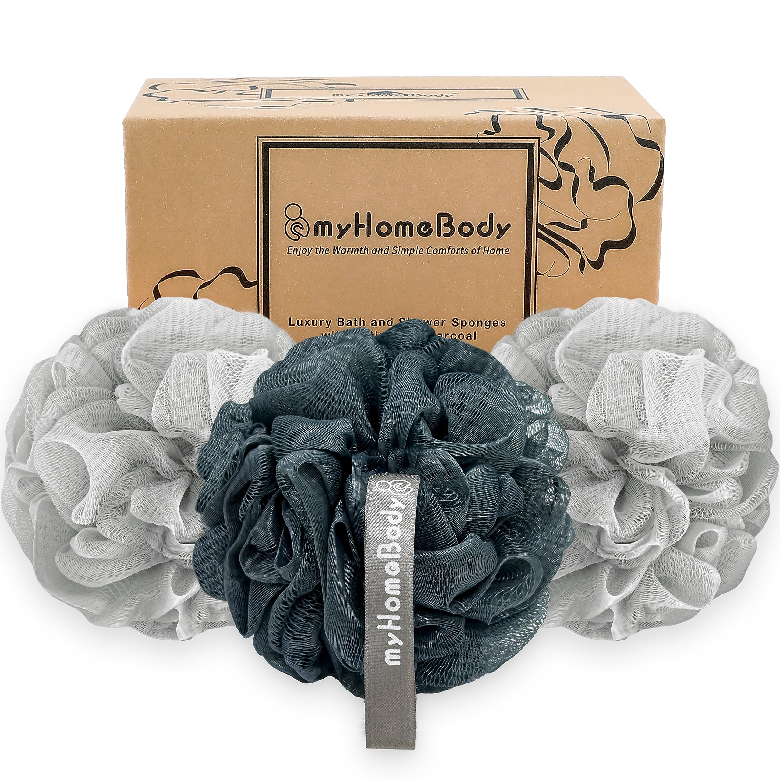 myHomeBody Large 70g Loofah Sponge, Body Scrubber, Bath Sponge, Loofah for Women, Men, Exfoliating Sponge Shower Pouf with Activated Charcoal - 2 Fog