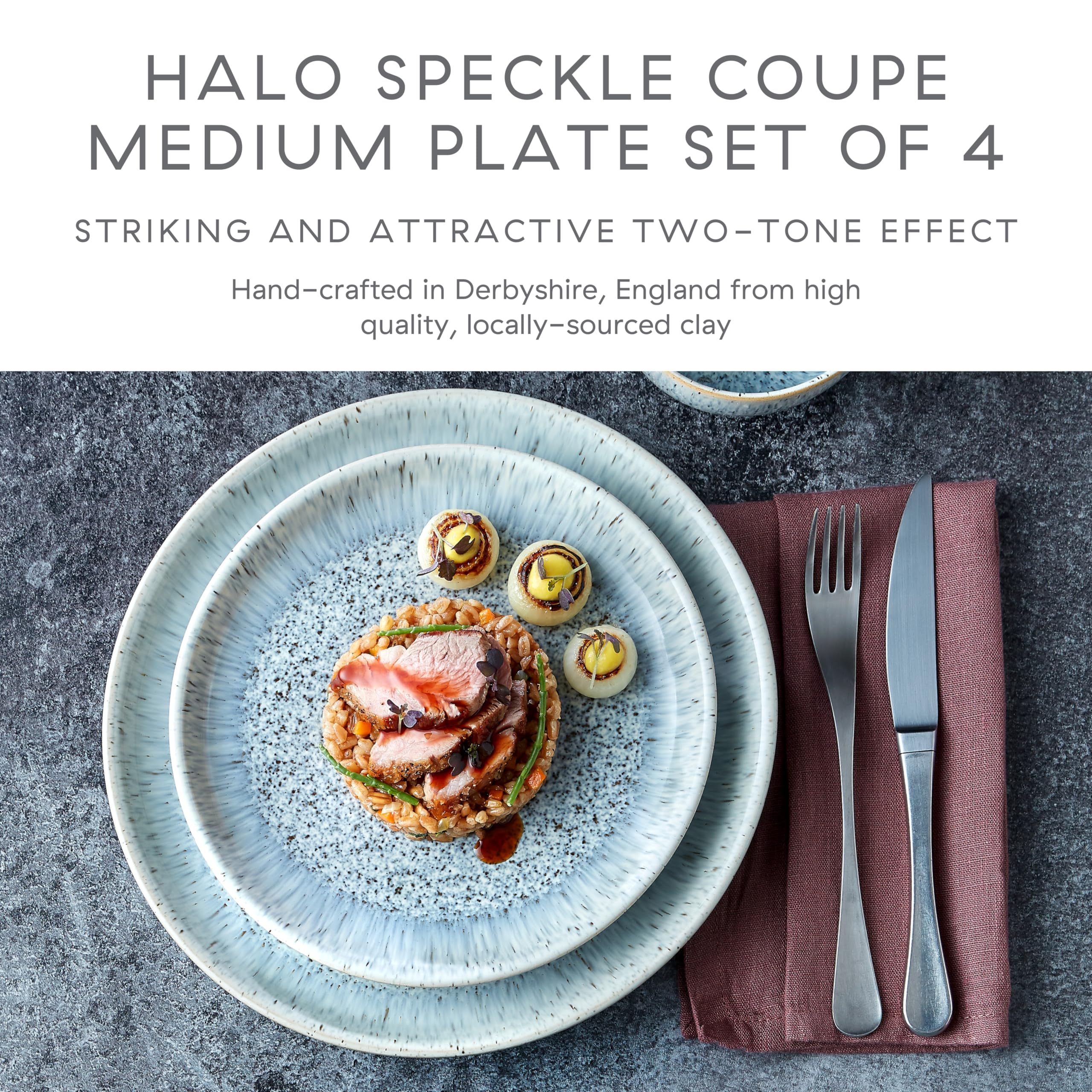 Denby - Halo Speckle Medium Plates Set of 4 - Grey, Neutral Patterned Coupe Dishwasher Microwave Safe Crockery 21cm - Glazed Ceramic Stoneware