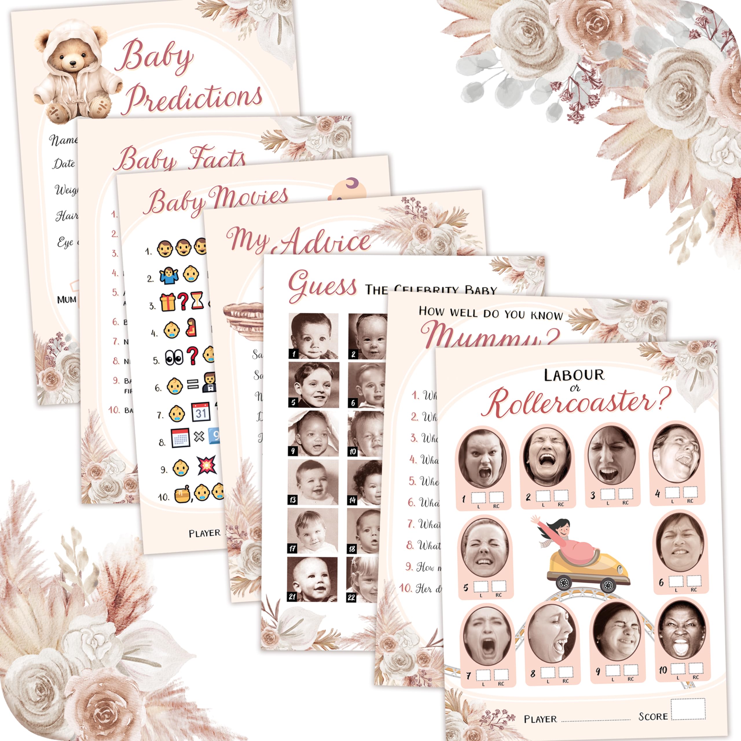 Baby Shower Games (7 Fun Games for 12 Guests), Baby Predictions, Guess The Celebrity, Labour or Rollercoaster, Baby Movie Emoji Game and More, Teddy