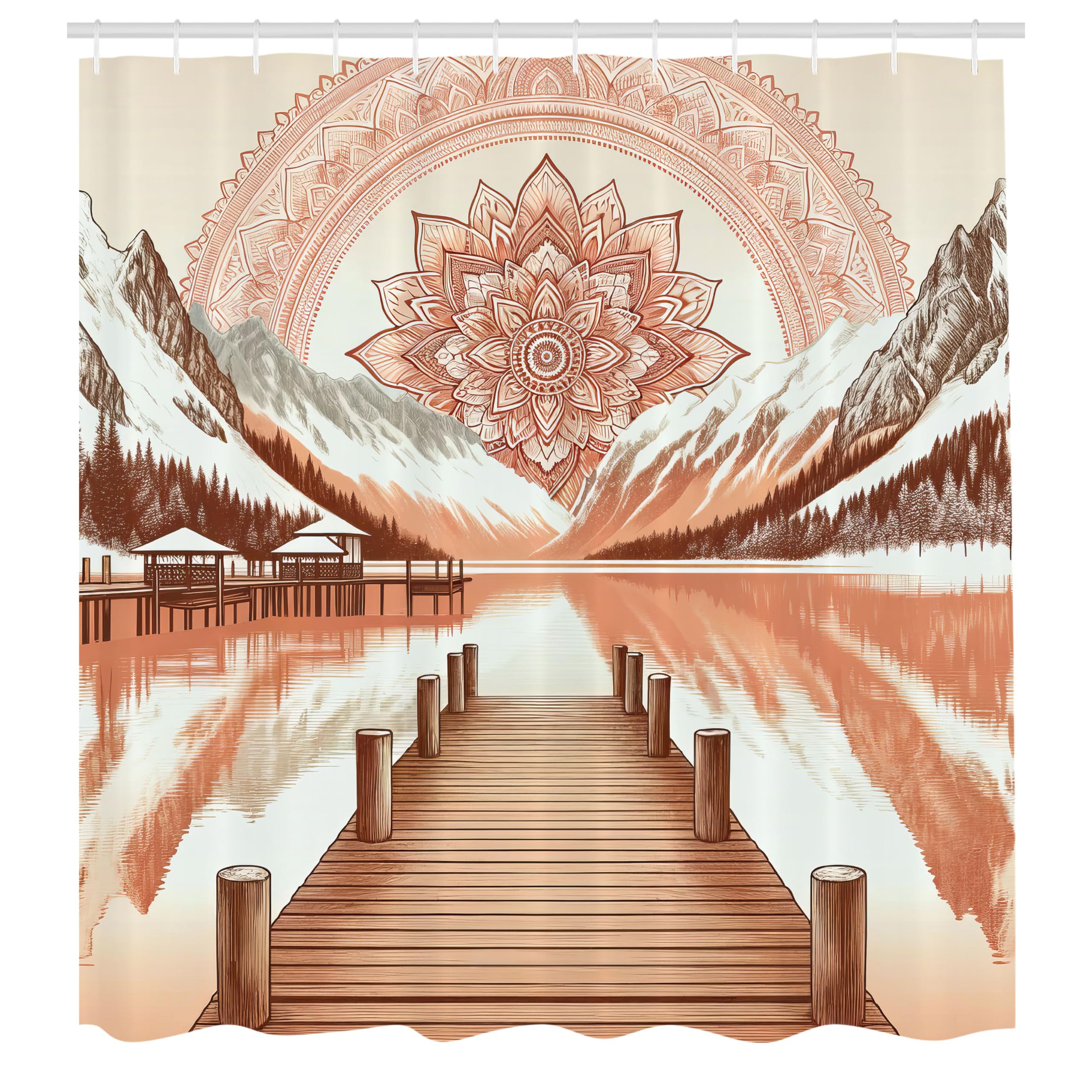ABAKUHAUS Lake Shower Curtain, Mountains Pier and Mandala, Cloth Fabric Bathroom Decor Set with Hooks, 175 x 200 cm, Salmon Reddish Brown Dark Rust