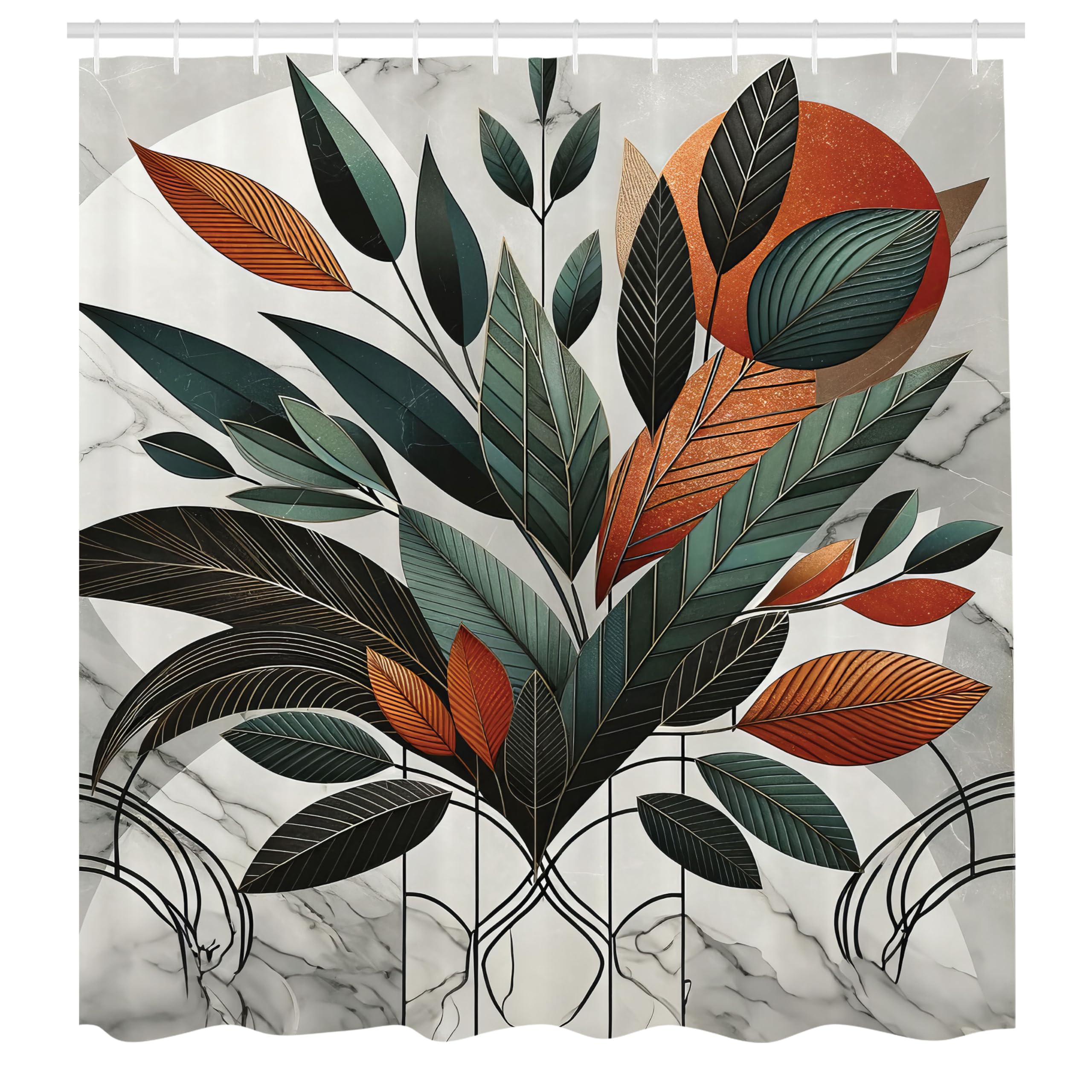 ABAKUHAUS Boho Shower Curtain, Mid Century Exotics Art Leaves, Cloth Fabric Bathroom Decor Set with Hooks, 175 x 200 cm, Orange Laurel Green Grey
