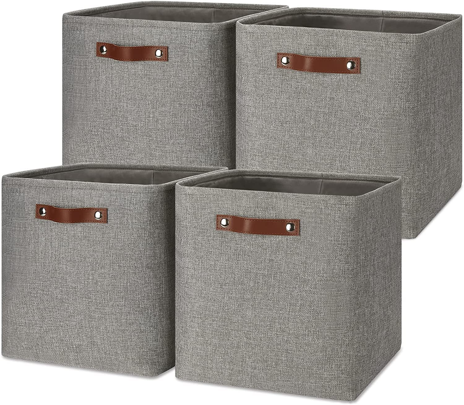 Mangata Collapsible Storage Cube Boxes, Linen Woven Fabric Storage Baskets, Cube Closet Organizer with Leather Handles (Grey)